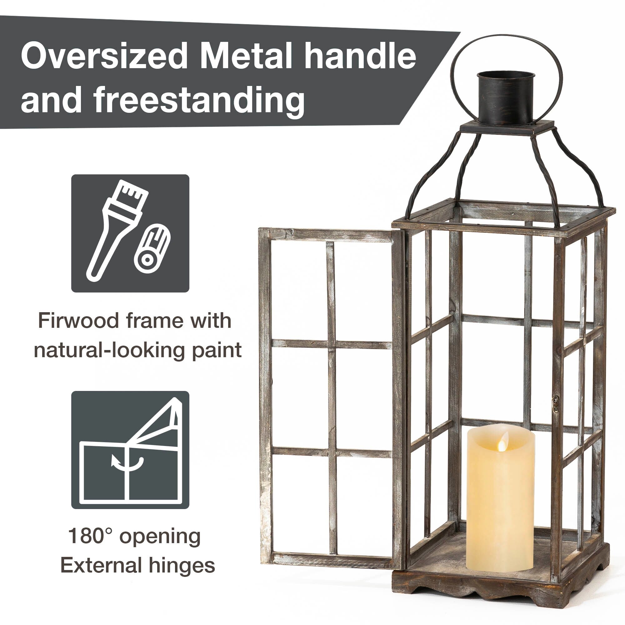 Glitzhome Oversized Farmhouse Wooden Metal Cage Candle Holders Patio Hanging Decorative Lanterns (Set of 2)