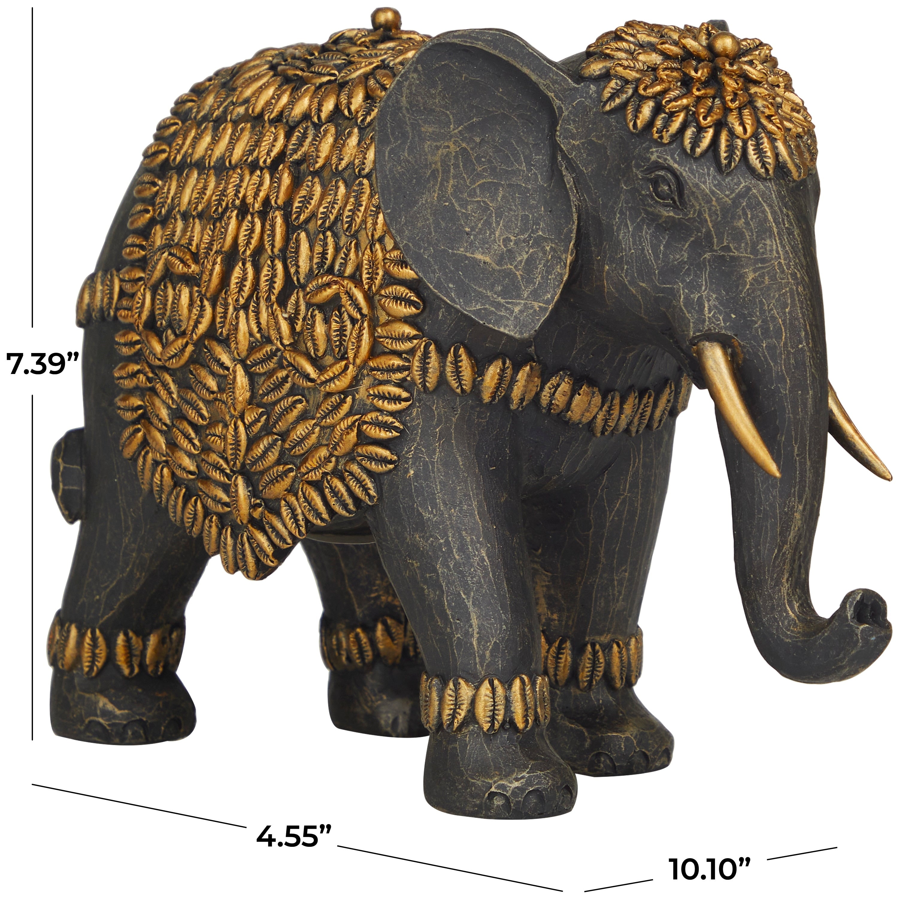 Black Polystone Elephant Sculpture with Cowrie Shell Carvings