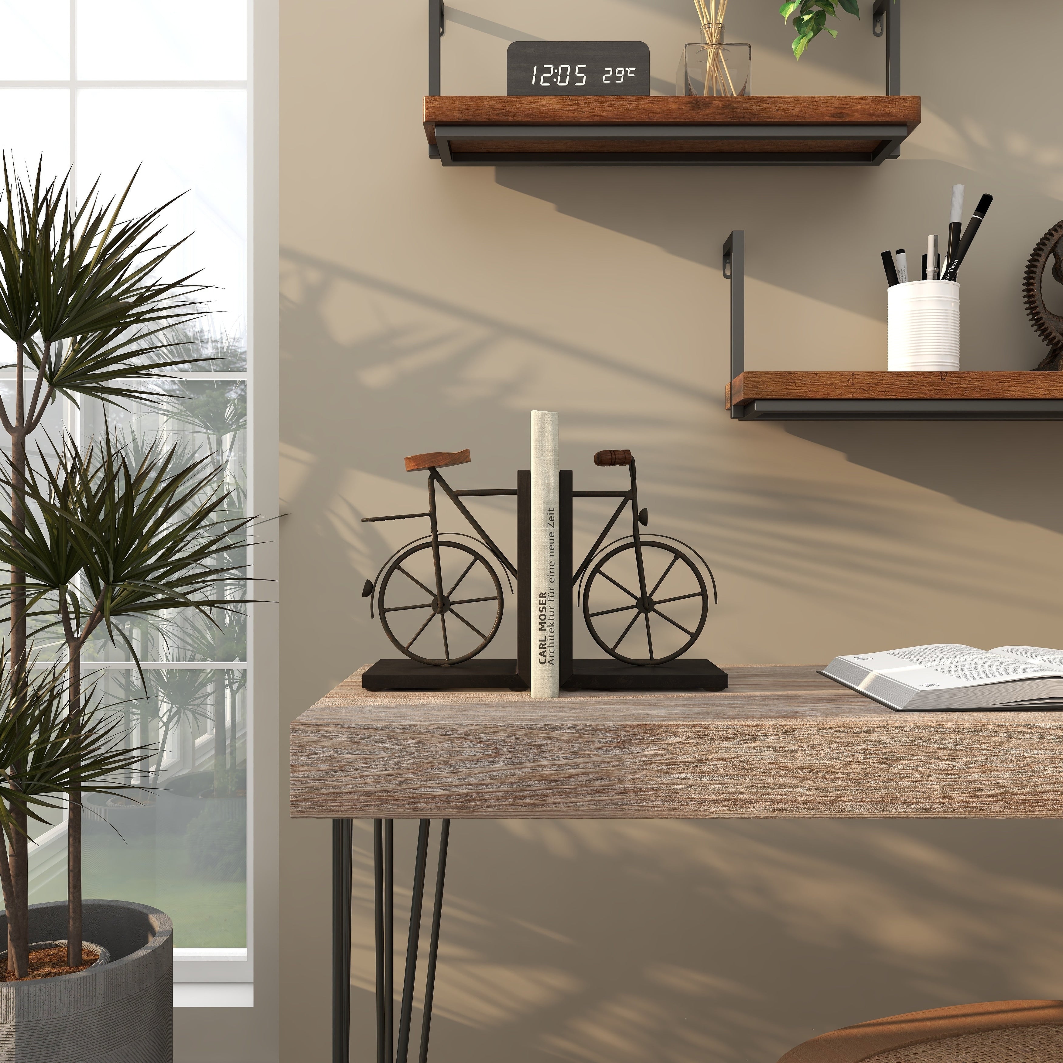 Black or Gold Metal Bike Bookends with Wood Accents (Set of 2)