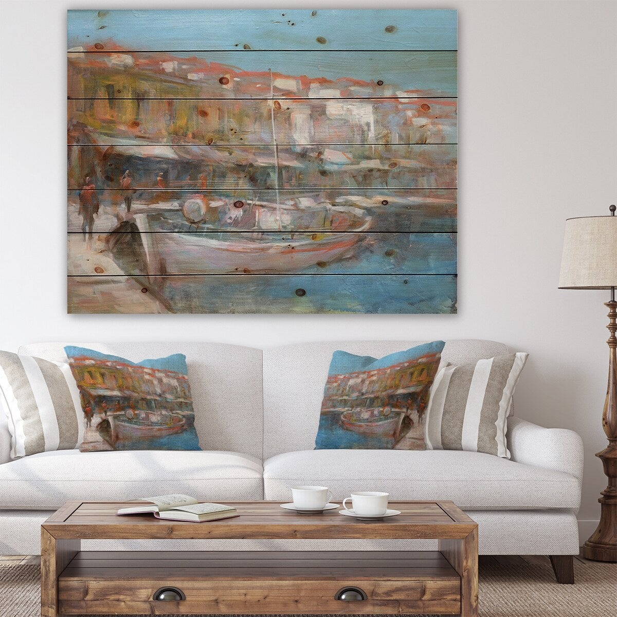 Designart 'Fishing boat in Croatian Coast' Sea & Shore Print on Natural Pine Wood - Blue