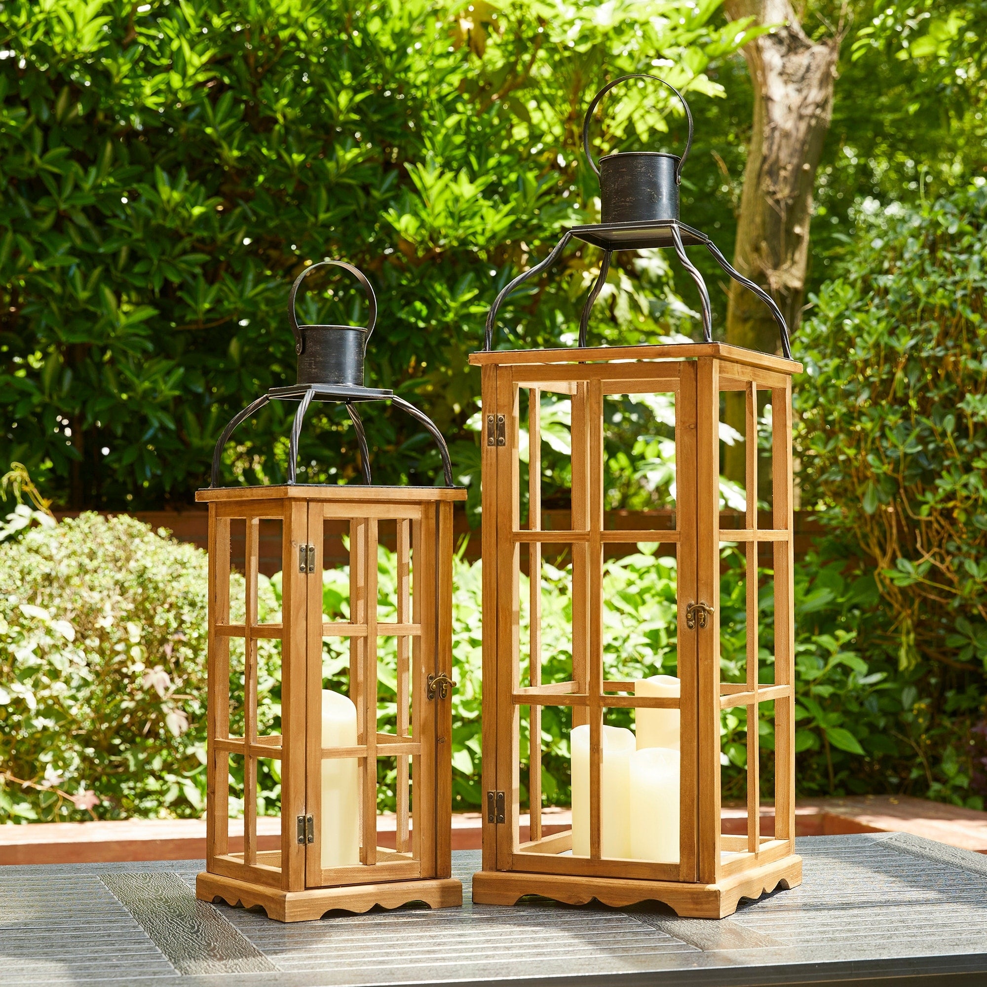 Glitzhome Oversized Farmhouse Wooden Metal Cage Candle Holders Patio Hanging Decorative Lanterns (Set of 2)