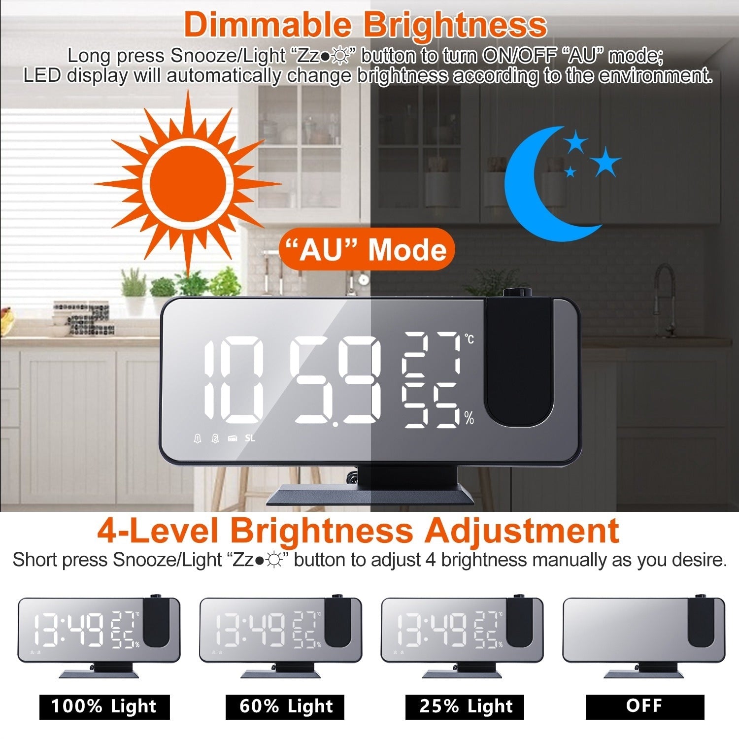 Projection Alarm Clock Radio Function 7.5In LED Mirror Display