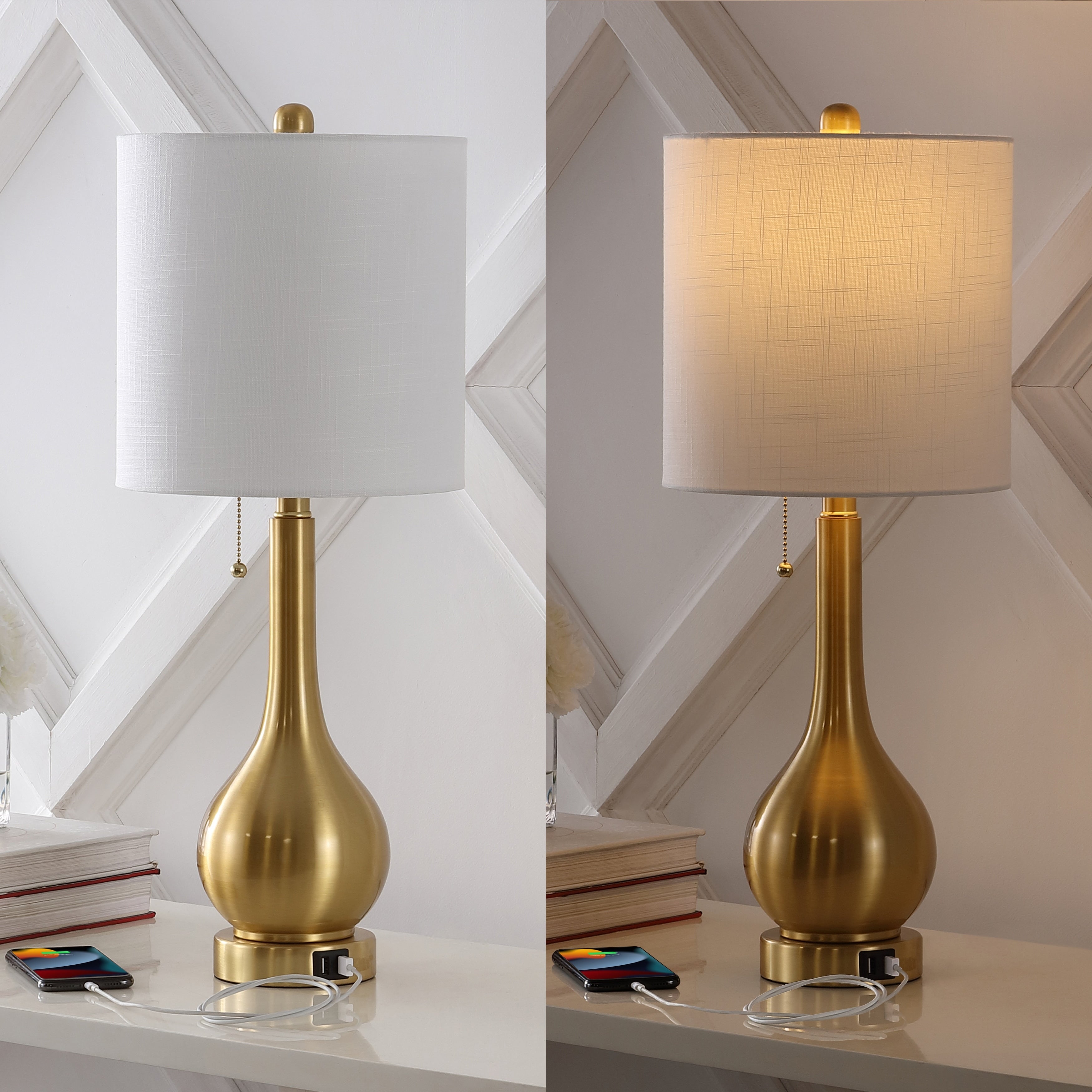 Grant 24 Modern Classic Gourd Iron LED Table Lamp with Pull-Chain with Dual USB Charging Port, by JONATHAN Y (Set of 2)