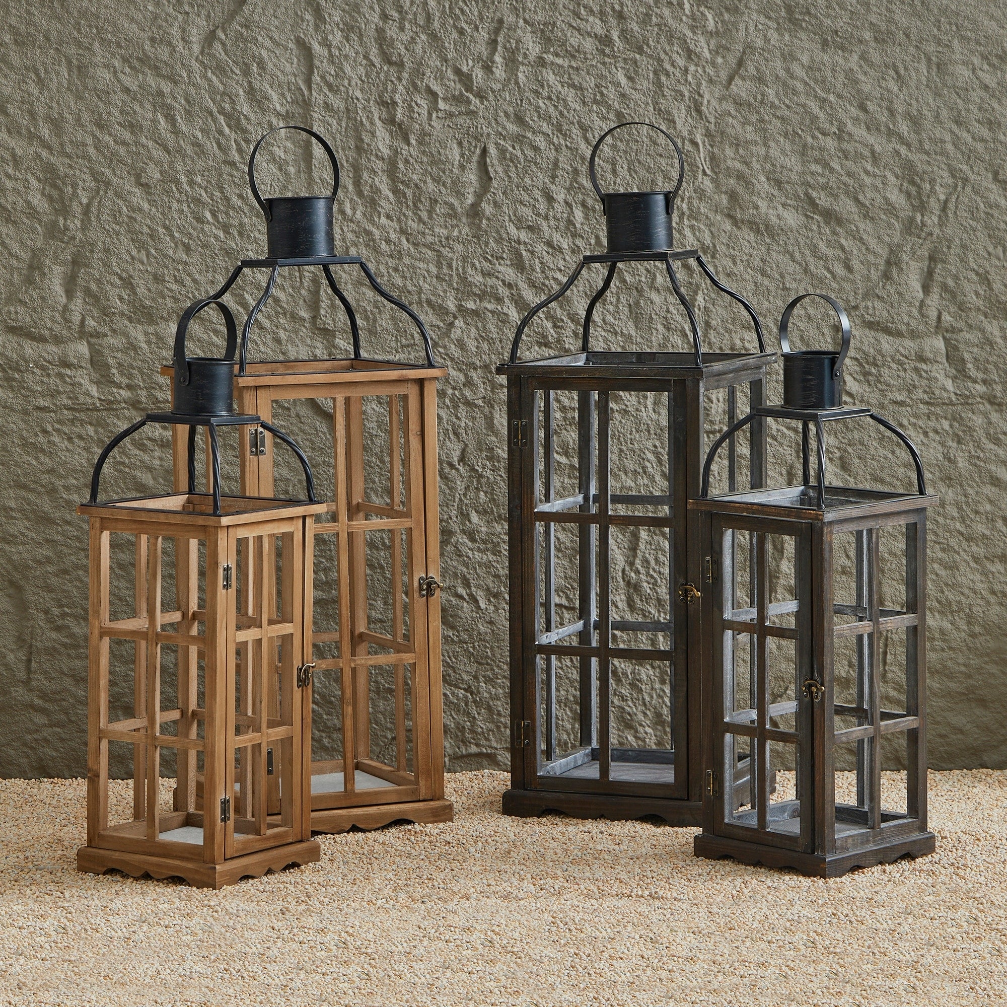 Glitzhome Oversized Farmhouse Wooden Metal Cage Candle Holders Patio Hanging Decorative Lanterns (Set of 2)