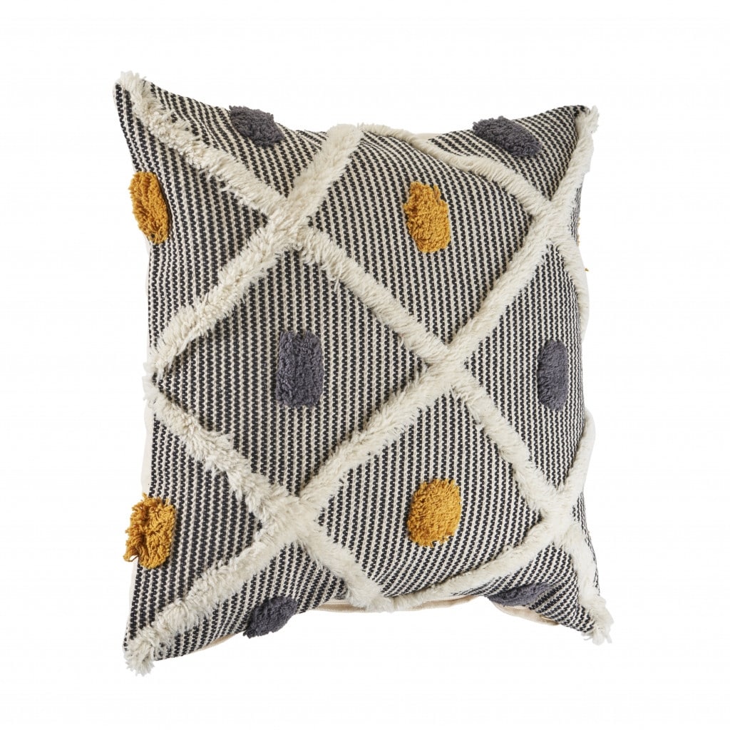 HomeRoots 20 Gray Ivory and Yellow Striped Cotton Throw Pillow With Texture