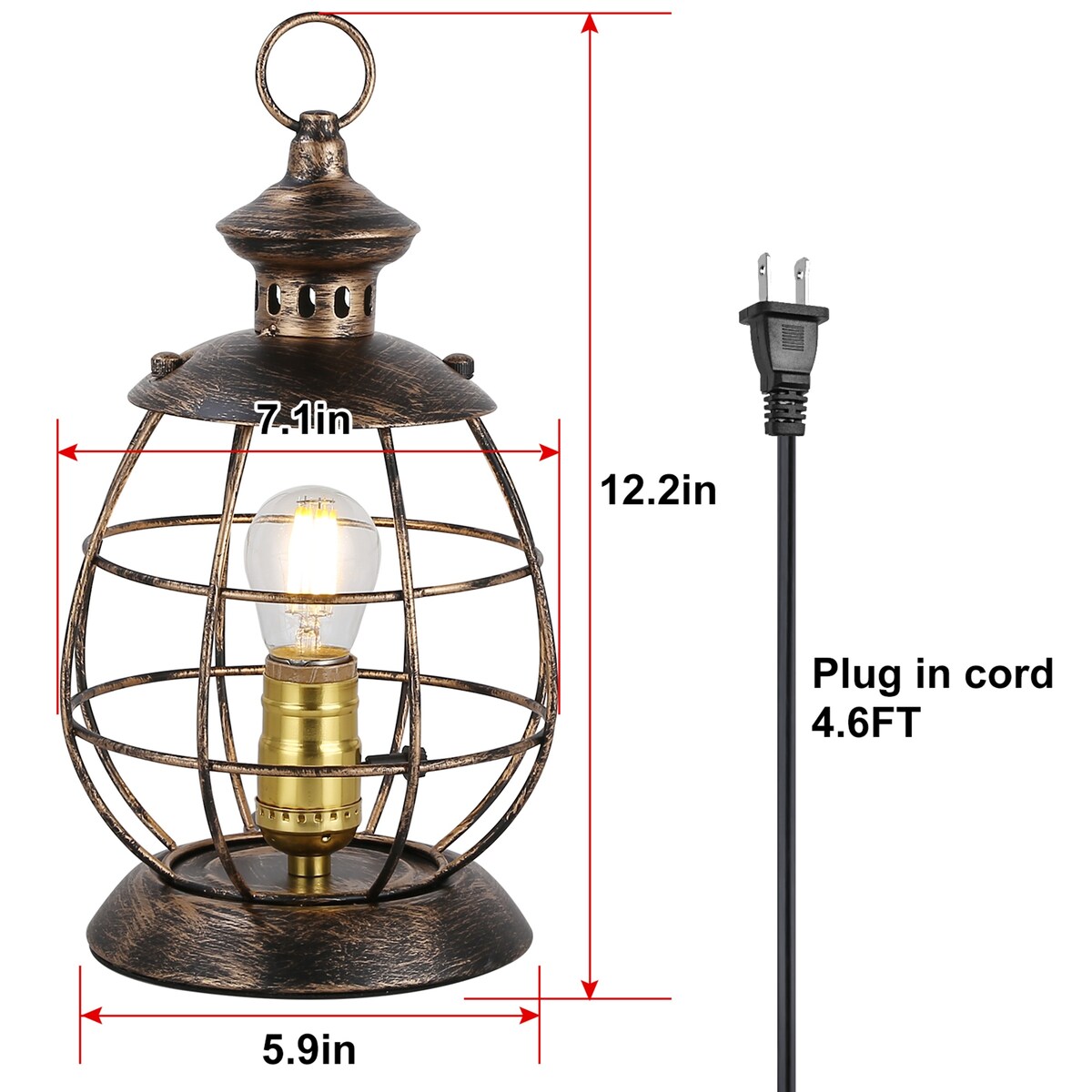 Antique Industrial Modern Electric Lantern Table Lamp for Bedroom Bedside, Metal Cage Shade Reading Desk Lamp for Living Room