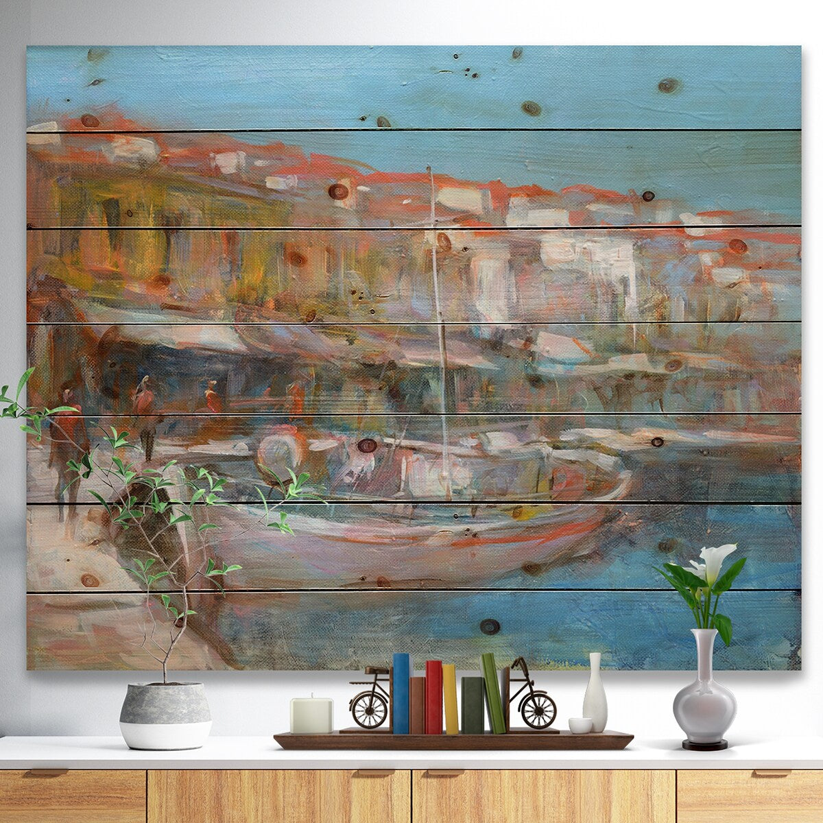 Designart 'Fishing boat in Croatian Coast' Sea & Shore Print on Natural Pine Wood - Blue