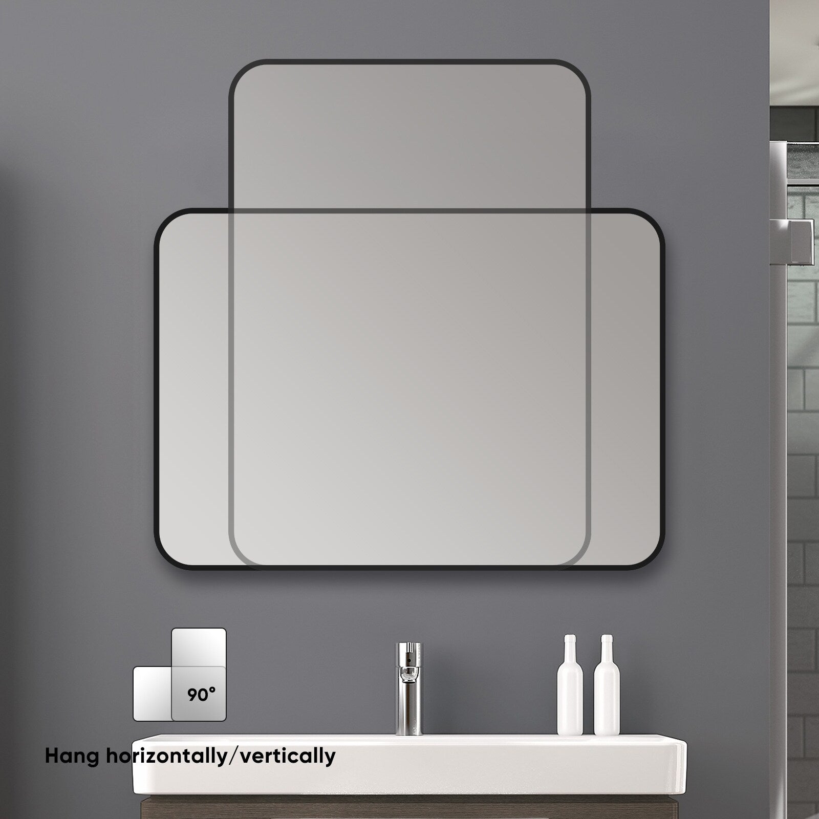 Black Metal Framed Mirror Rectangle Wall Mount Bathroom Vanity Mirror