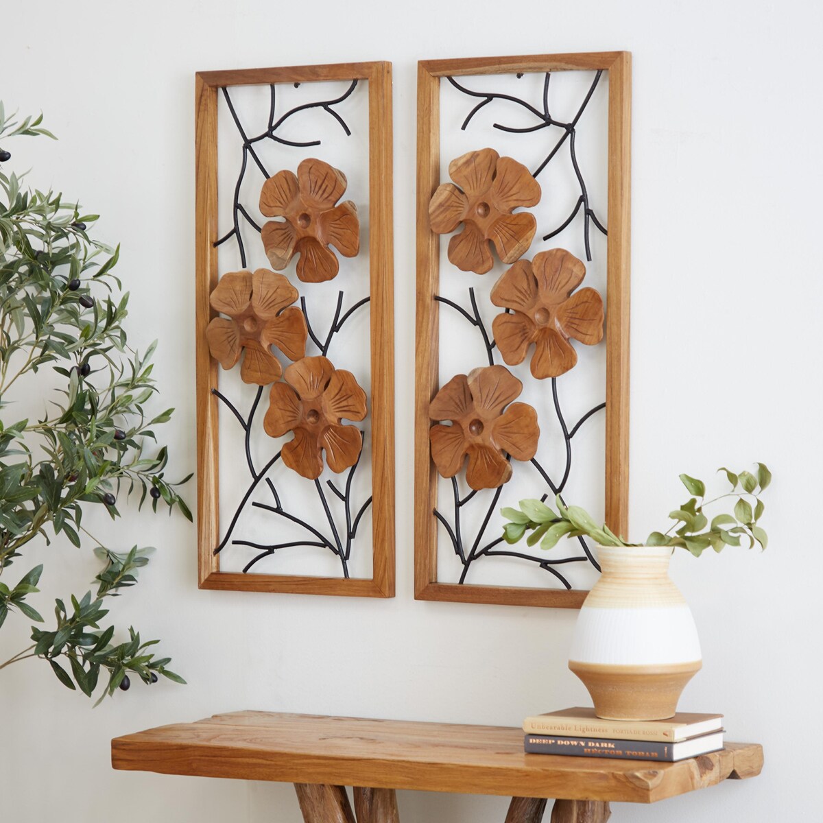 Teak Wood Floral Handmade Framed Carved Home Wall Decor with Metal Wire - Set of 2 Brown - Roche River Decor