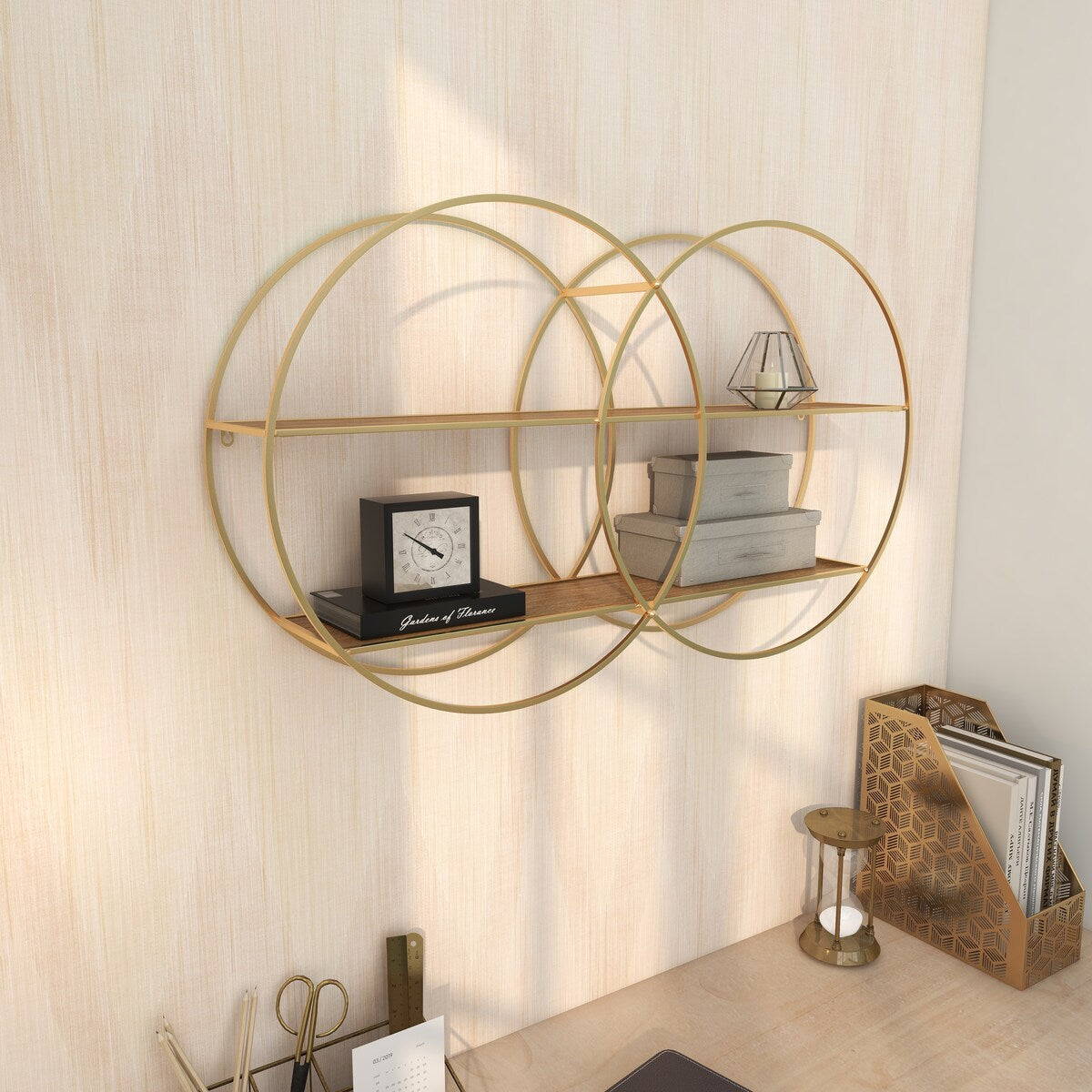 Metal Round 2 Shelves Wall Shelf - Gold - CosmoLiving by Cosmopolitan