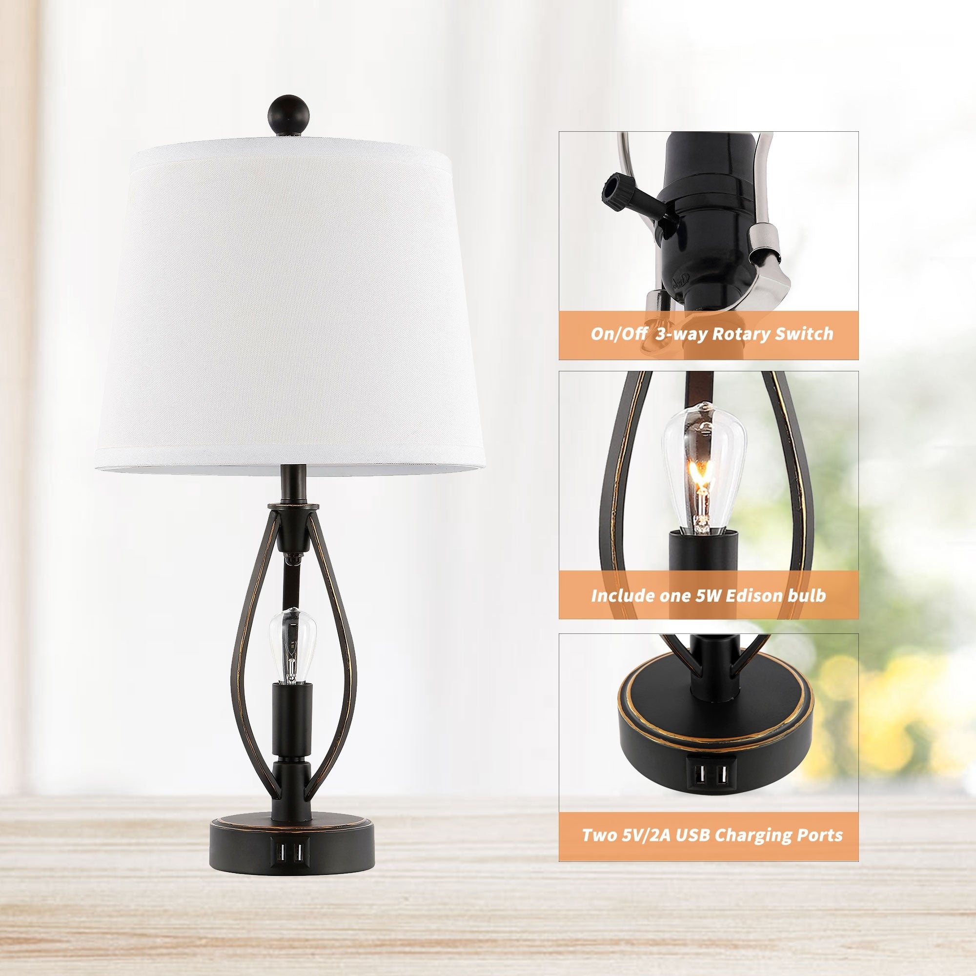 GetLedel 22-inch Modern Farmhouse Table Lamp Set with USB Ports