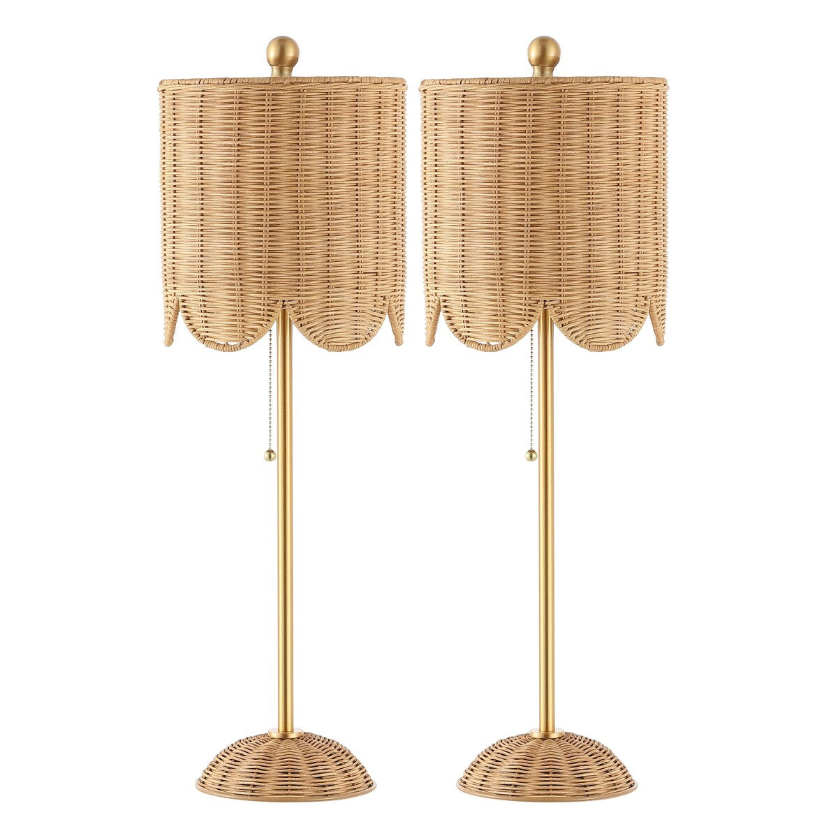 Aksel 27.5 Coastal Rattan/Iron Scalloped Buffet LED Table Lamp with Pull Chain, Natural/Brass Gold (Set of 2) by JONATHAN Y