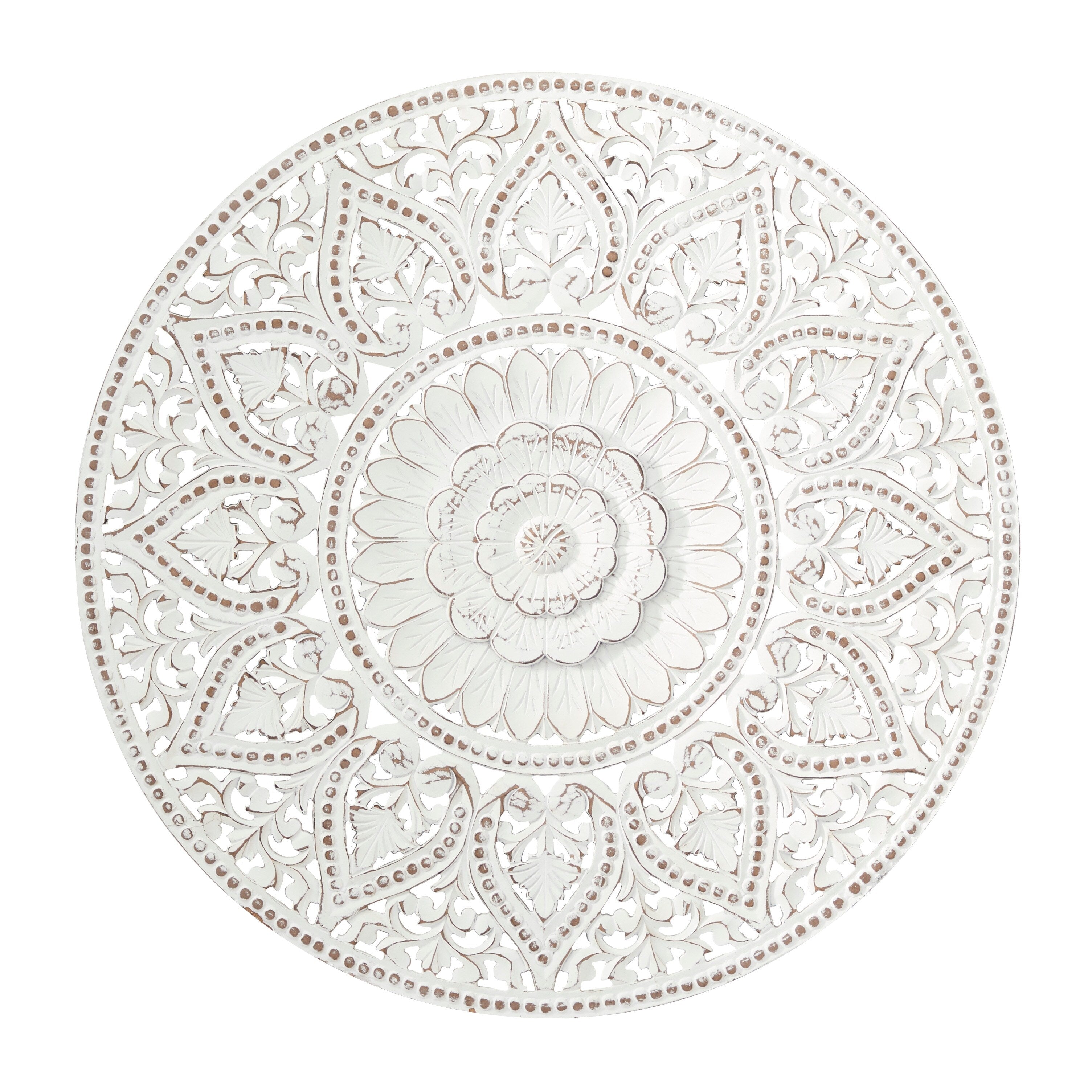 Wooden Handmade Intricately Carved Floral Wall Decor with Mandala Design - Brown or White