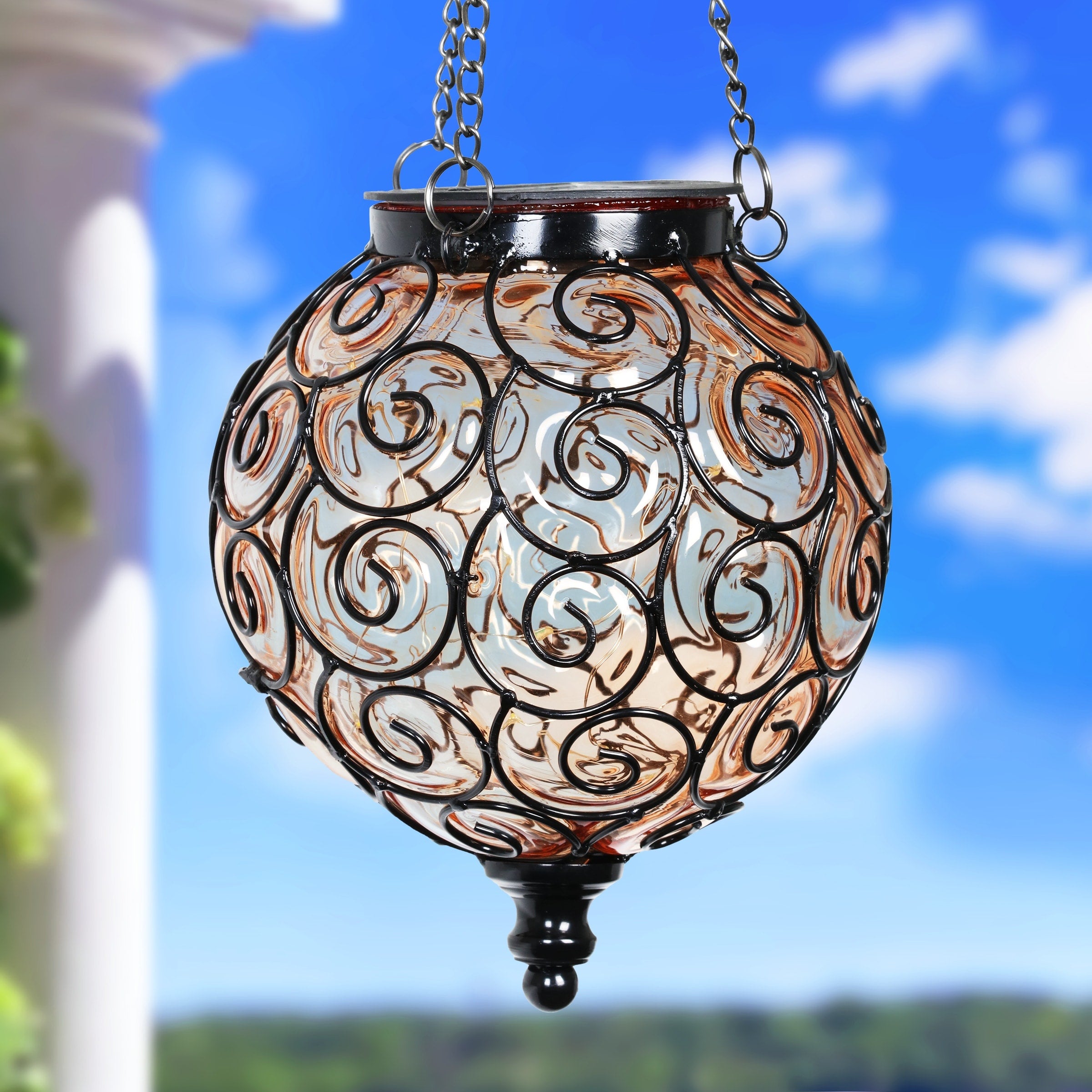 Exhart Solar Round Glass and Metal Hanging Lantern with 15 LED Fairy Firefly String Lights, 7 by 21 Inches