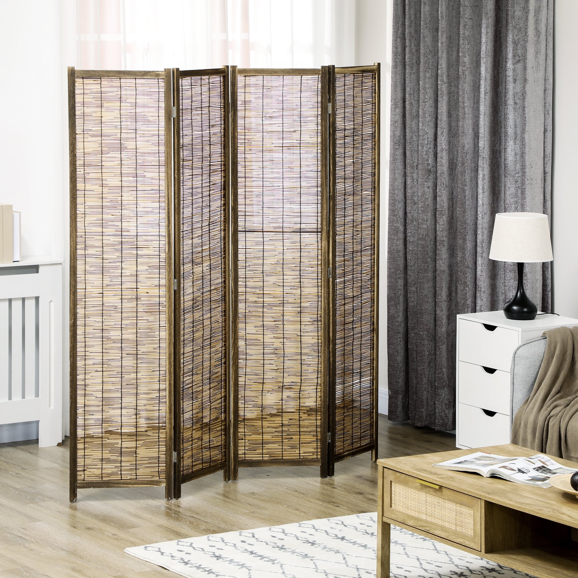 HOMCOM 4 Panel Room Divider, 5.5' Tall Portable Folding Privacy Screens, Wood & Hand-Woven, Brown