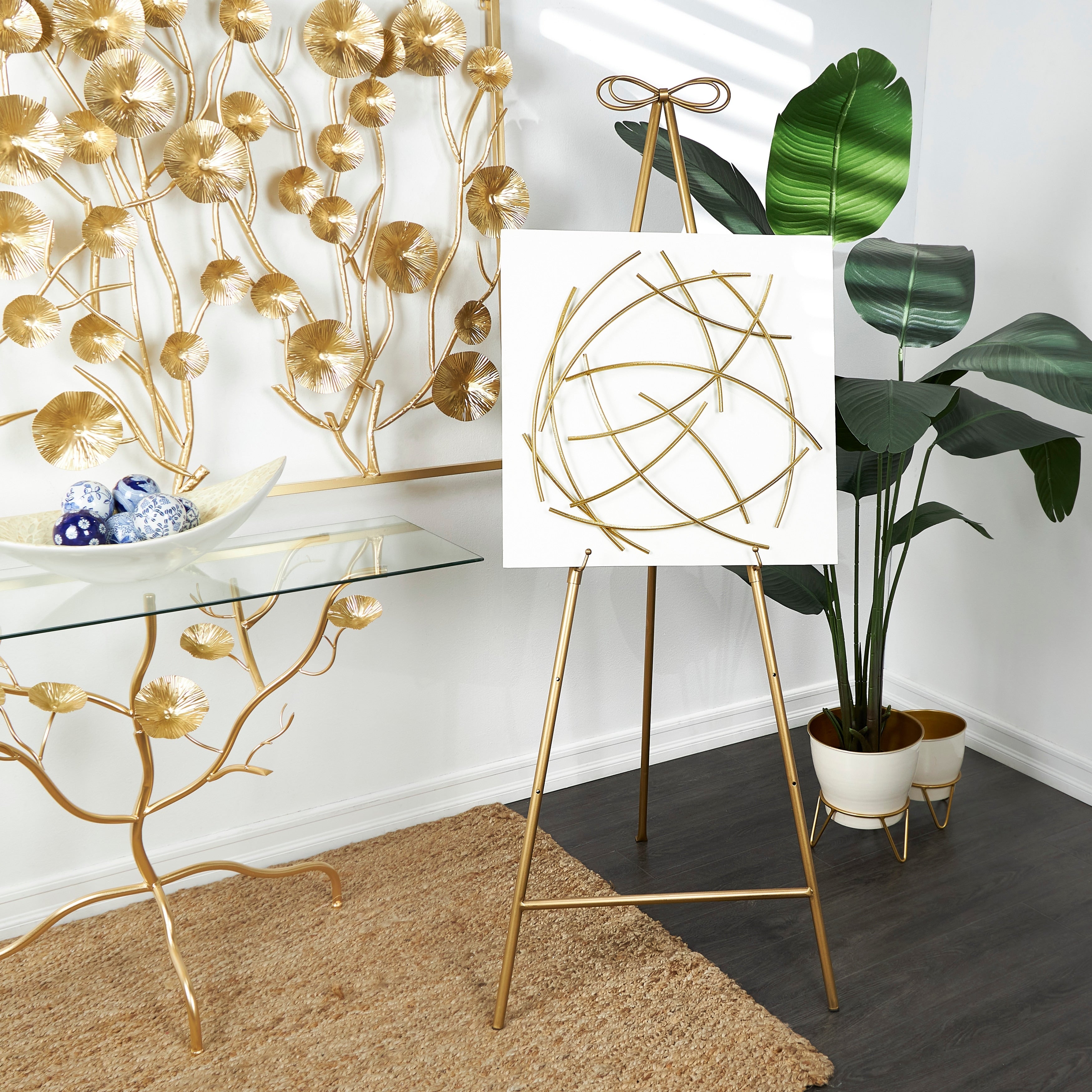 Metal Tall Adjustable Display Stand Floor 3 Tier Easel with Bow Top - Gold - Roche River Decor