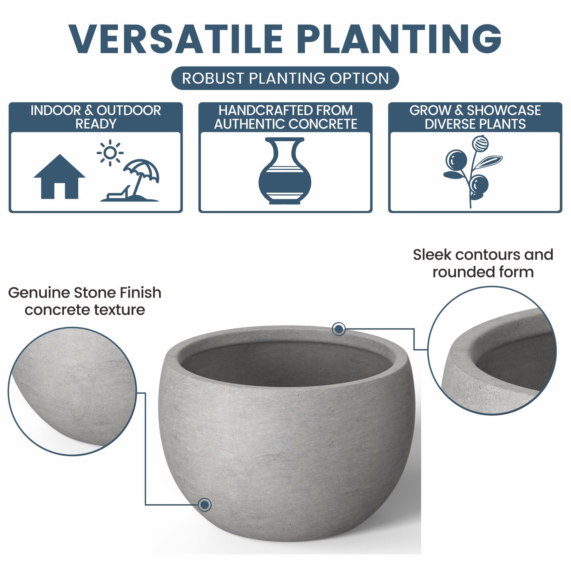 Tall Concrete Round Plant Pots / Large Indoor and Outdoor flower Planters