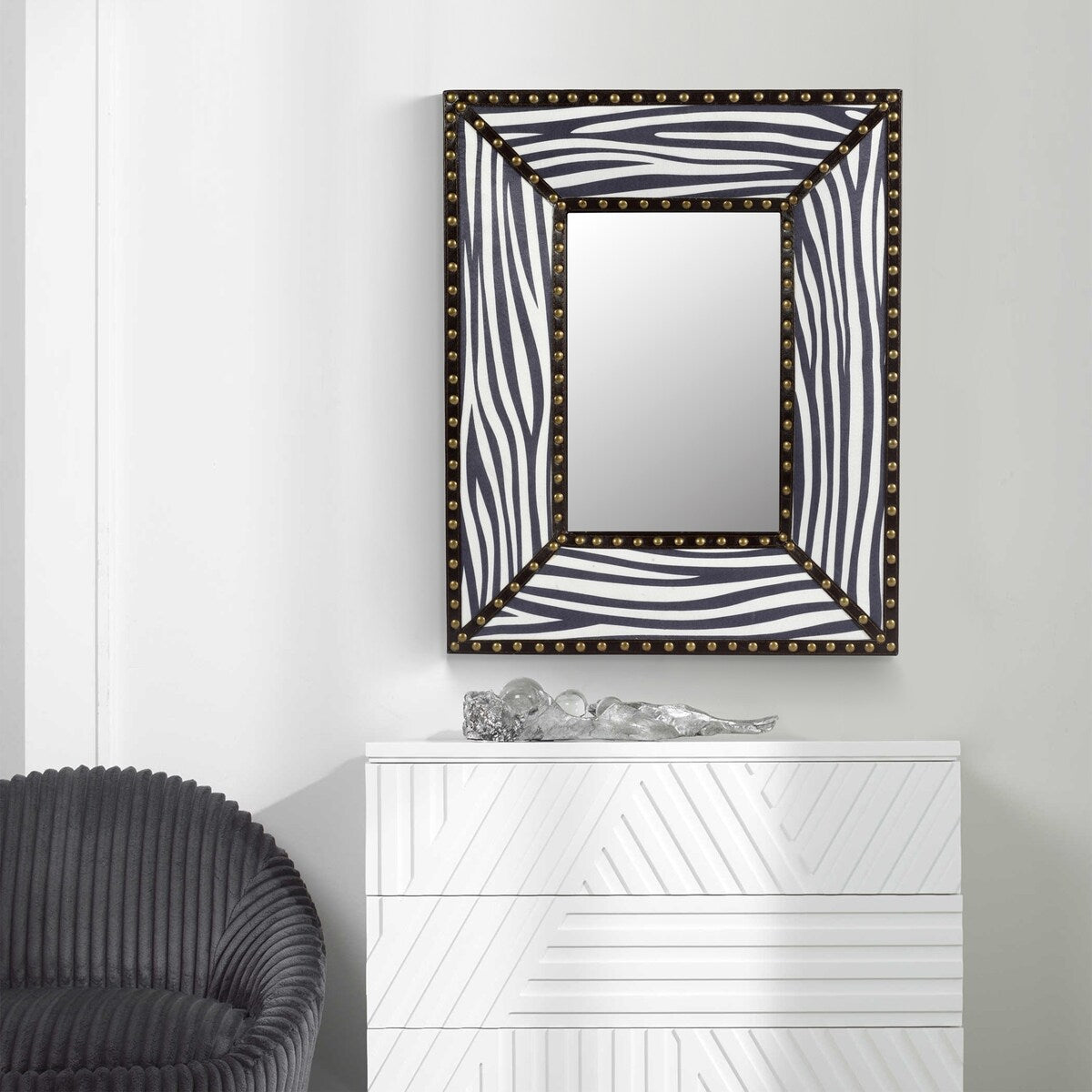 White Zebra Rectangle Decorative Wall Hanging Mirror; Rivet Decoration