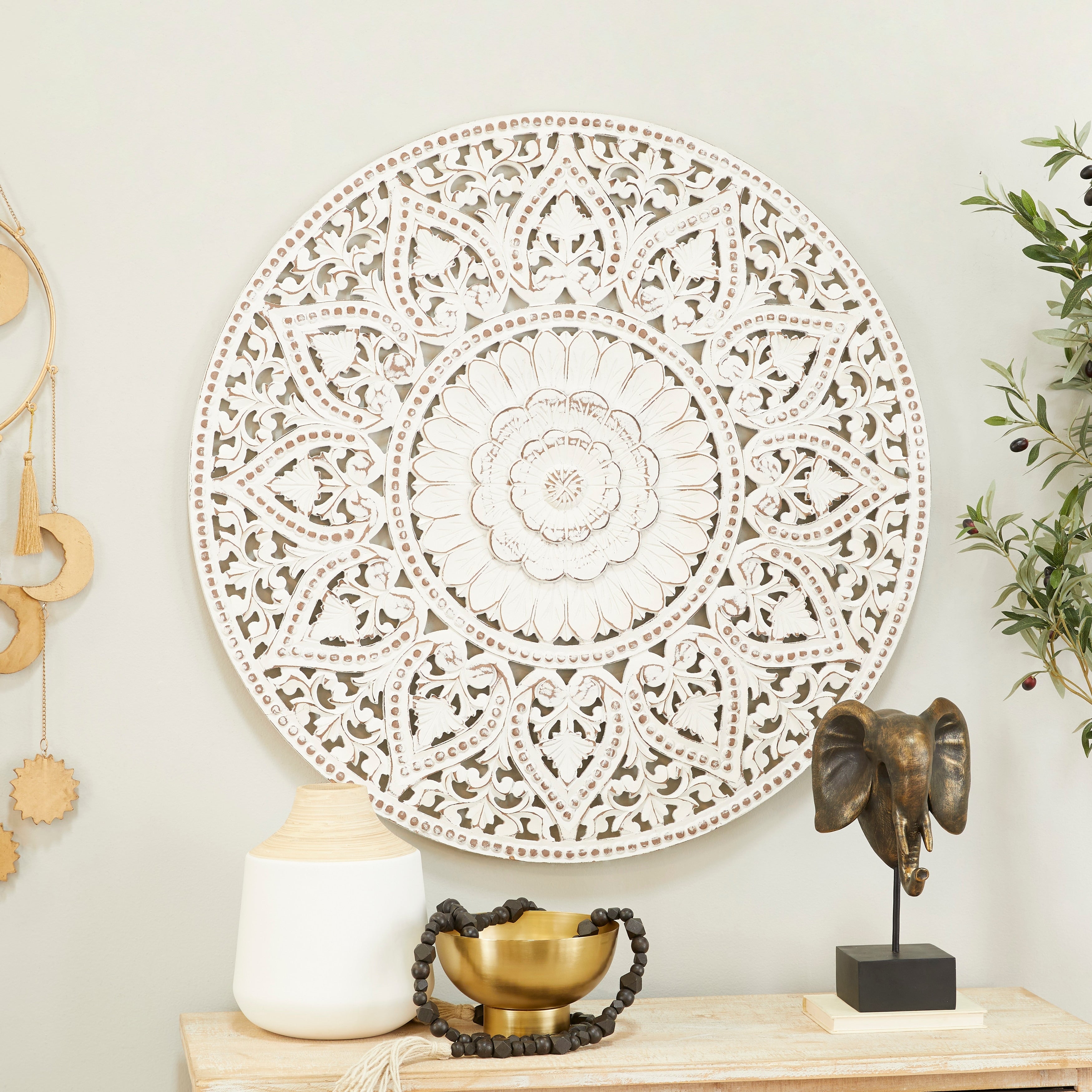 Wooden Handmade Intricately Carved Floral Wall Decor with Mandala Design - Brown or White