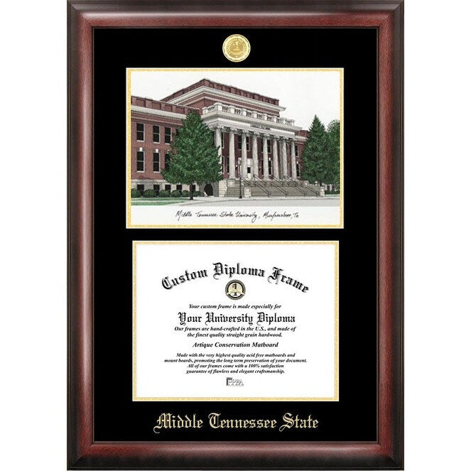 Middle Tennessee State University 11w x 8.5h Gold Embossed Diploma Frame with Campus Images Lithograph