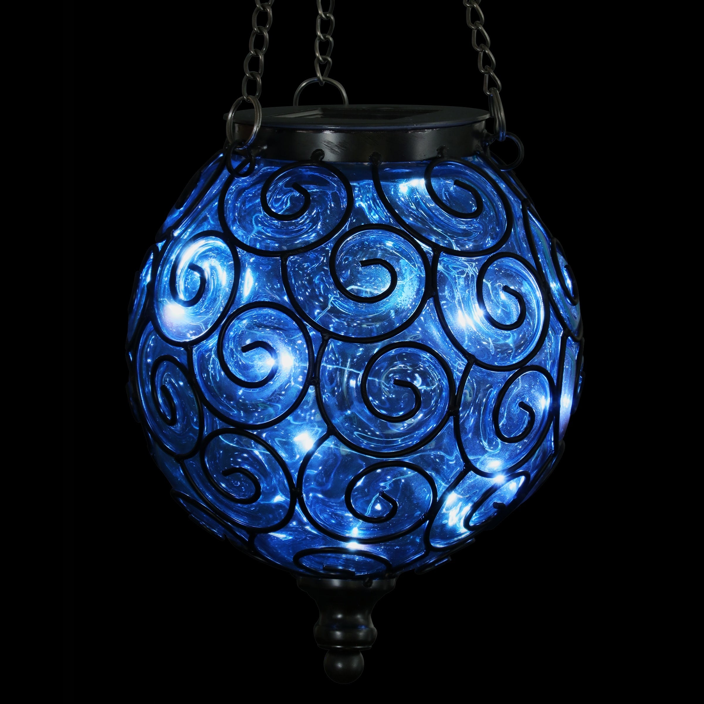 Exhart Solar Round Glass and Metal Hanging Lantern with 15 LED Fairy Firefly String Lights, 7 by 21 Inches