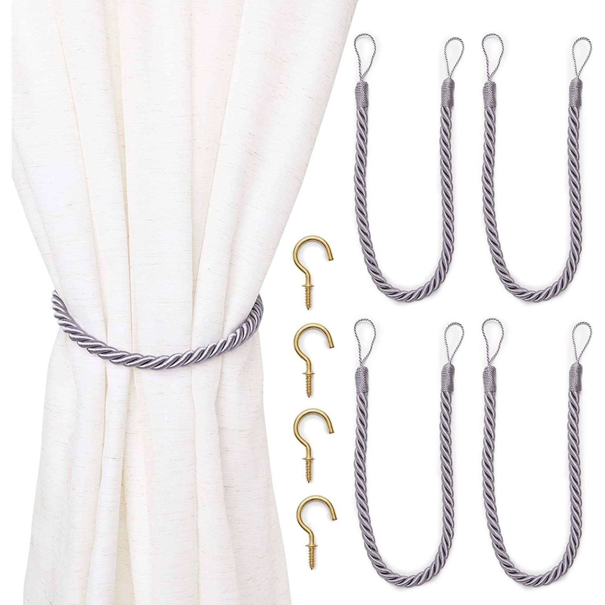 Light Grey Rope Curtain Tiebacks with Hooks, Holdbacks for Drapes (26 in, 2 Pairs)