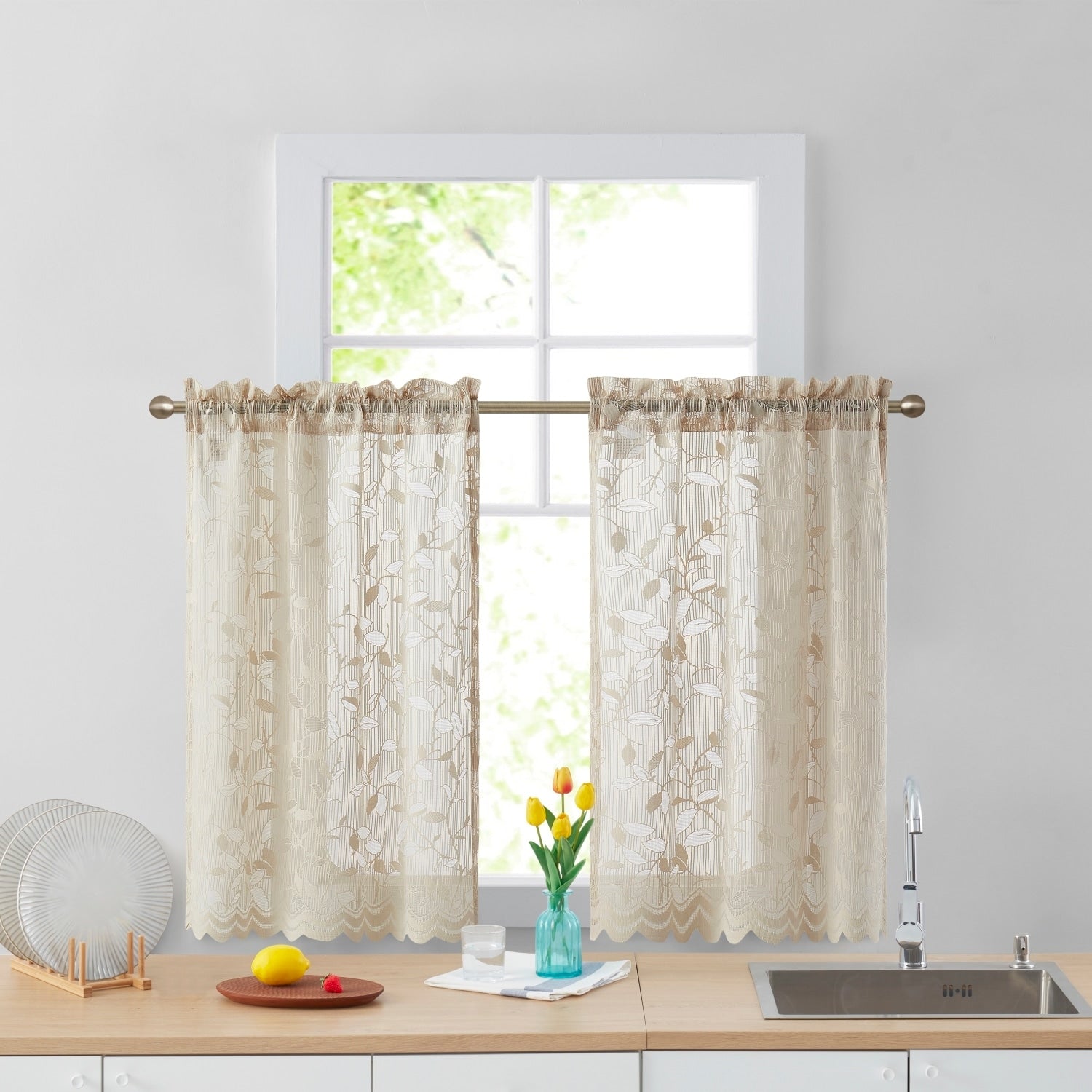 HLC.me Joyce Lace Sheer Kitchen Cafe Curtain Tiers for Small Windows, Kitchen & Bathroom