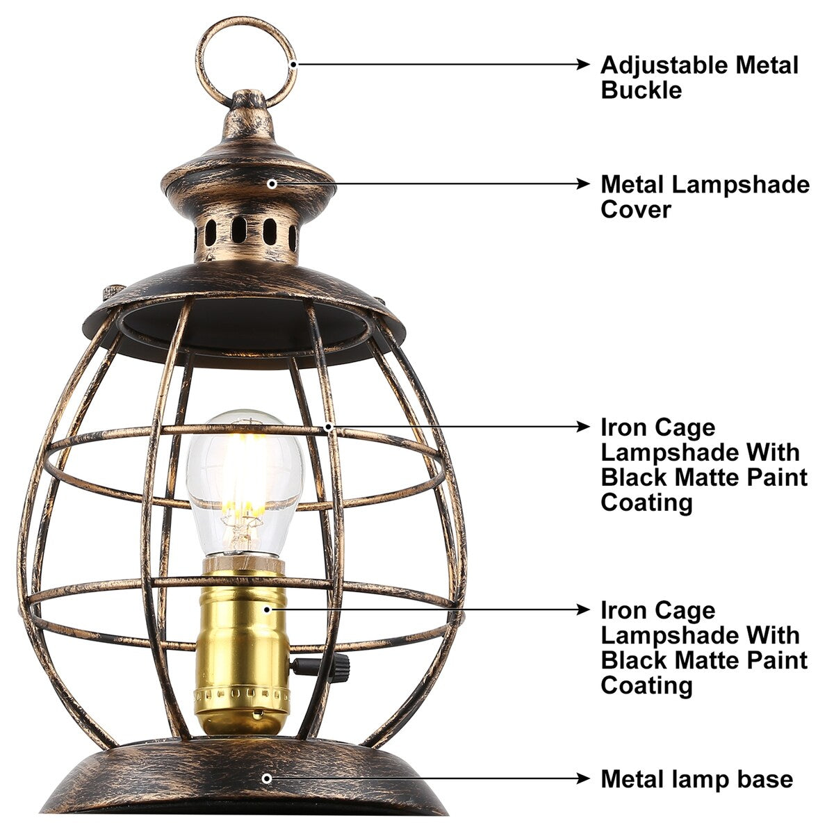 Antique Industrial Modern Electric Lantern Table Lamp for Bedroom Bedside, Metal Cage Shade Reading Desk Lamp for Living Room