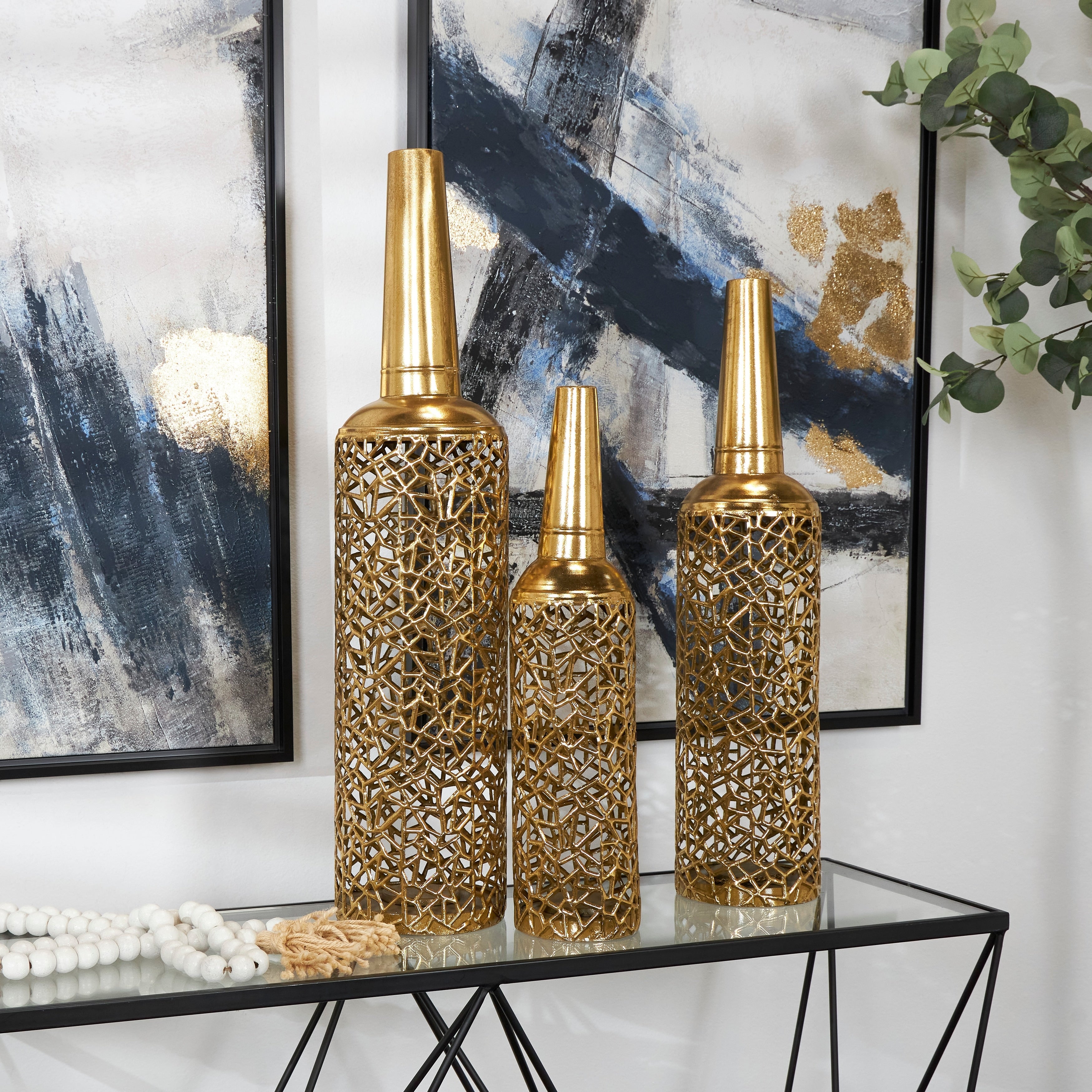 The Novogratz Gold Metal Abstract Patterned Decorative Vase with Open Frame Design (Set of 3) - 30, 25, 21H