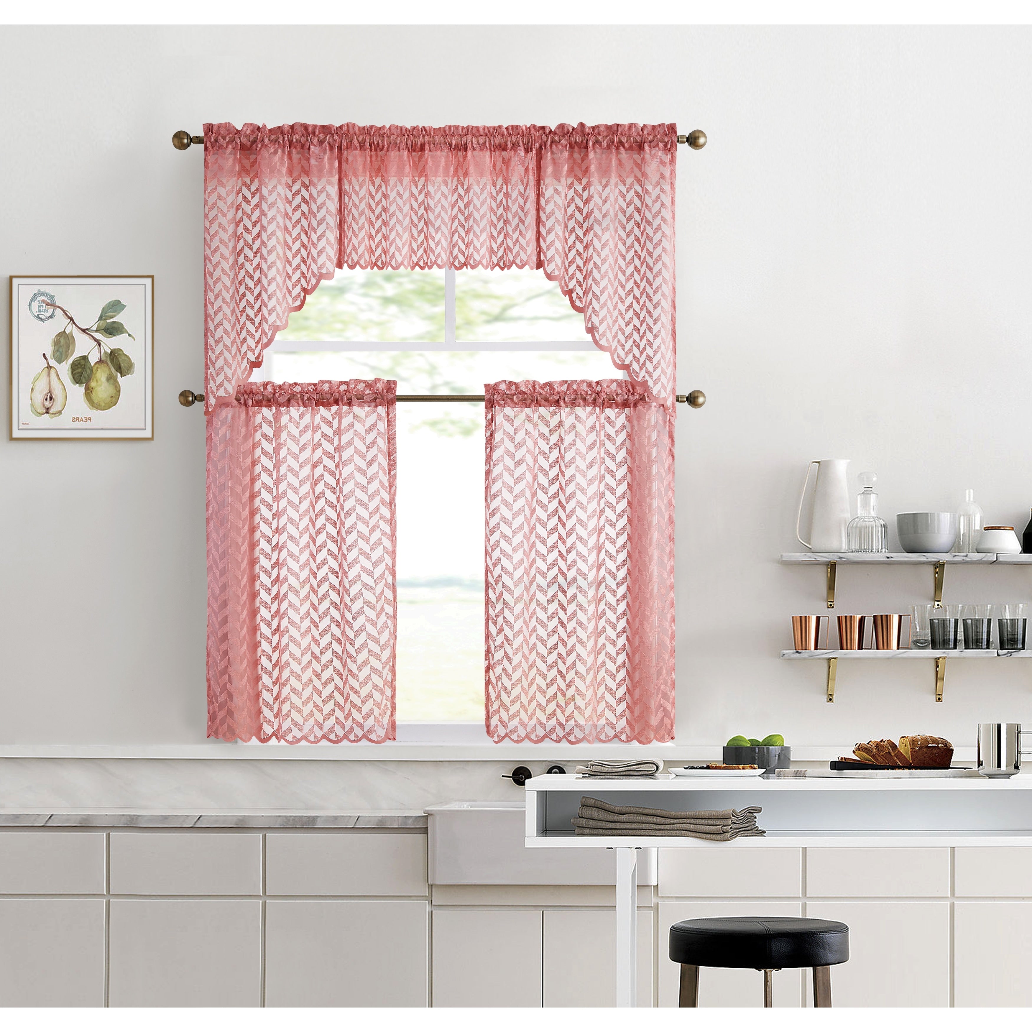 HLC.me Herringbone Lace Sheer Kitchen Cafe Curtain Tiers Swags Valance for Small Windows & Bathroom