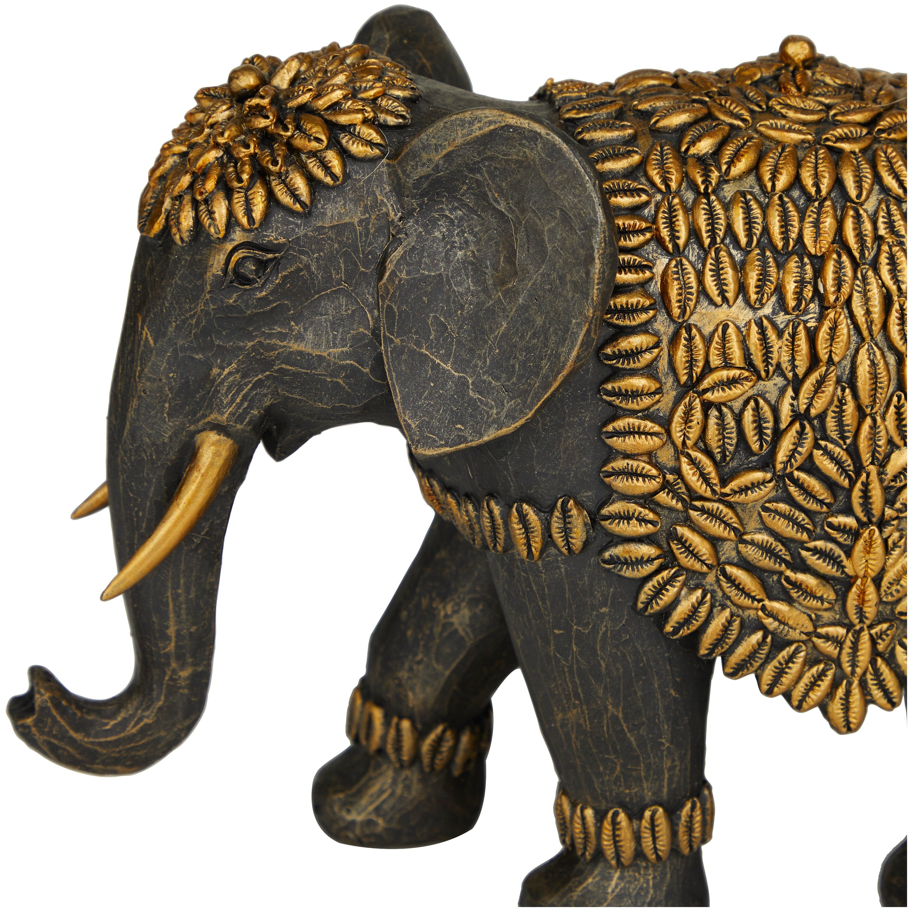 Black Polystone Elephant Sculpture with Cowrie Shell Carvings