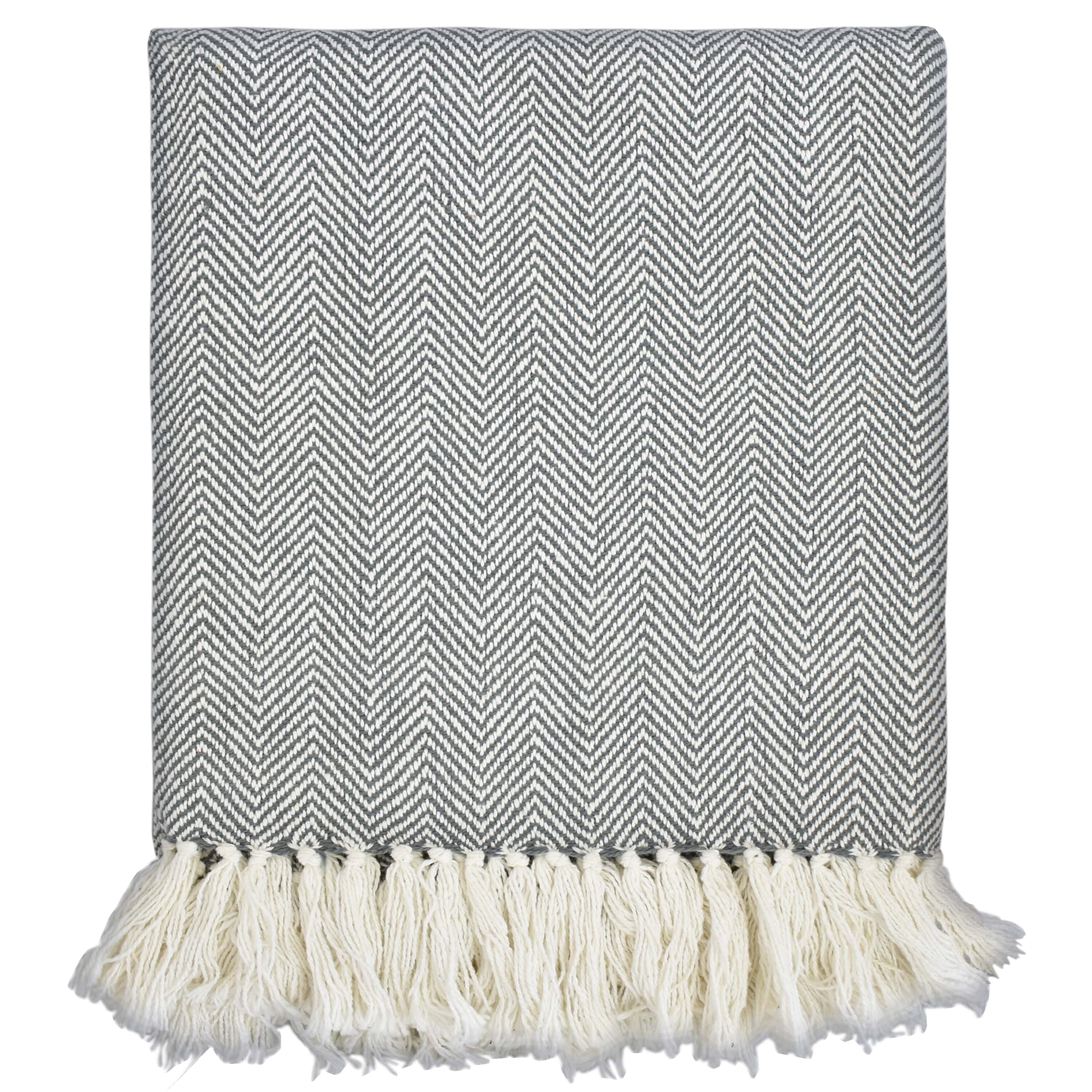 Fabstyles Herringbone Stripe Cotton Throw Blanket With Fringes