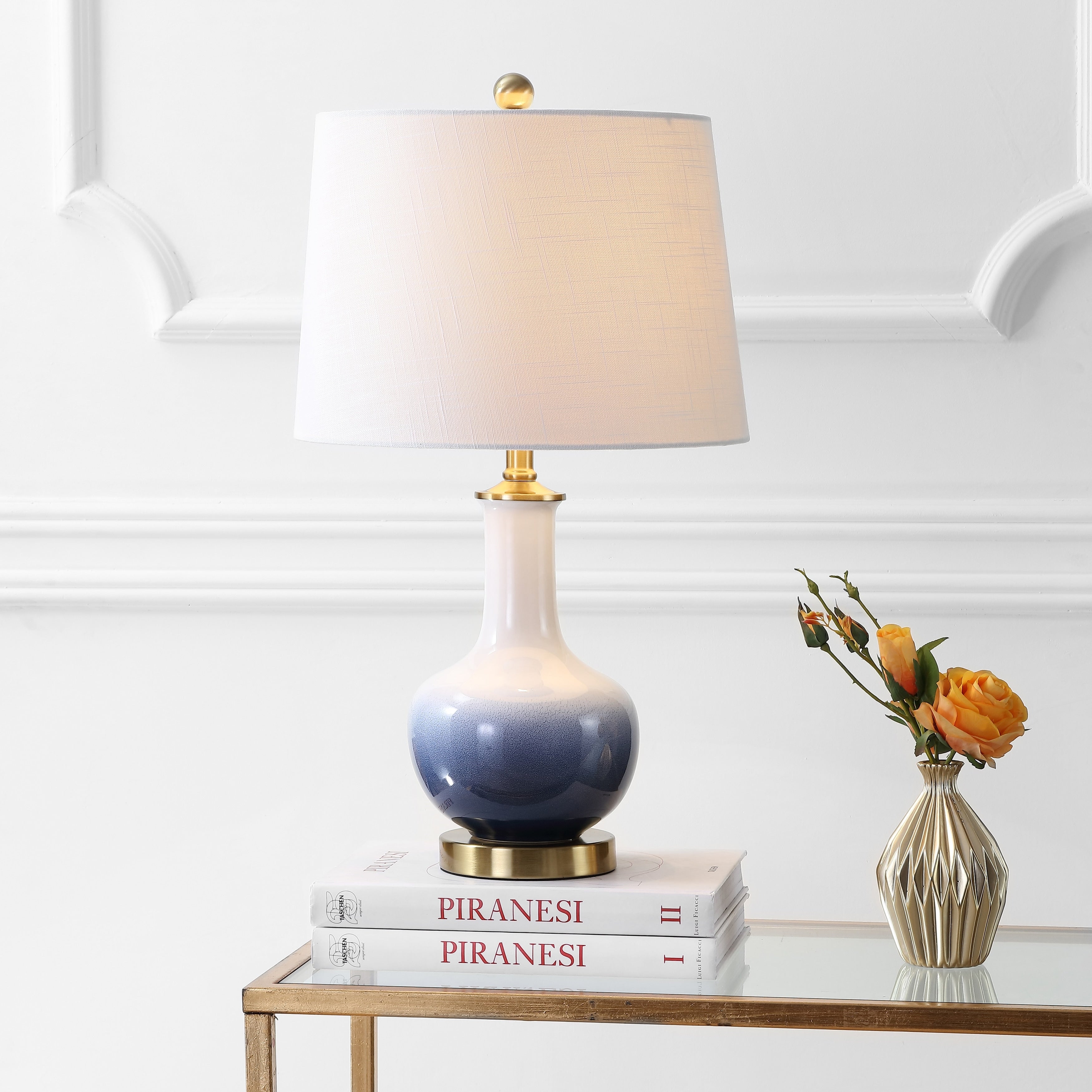 Bates 25 Ceramic/Brass LED Table Lamp, White/Navy by JONATHAN Y