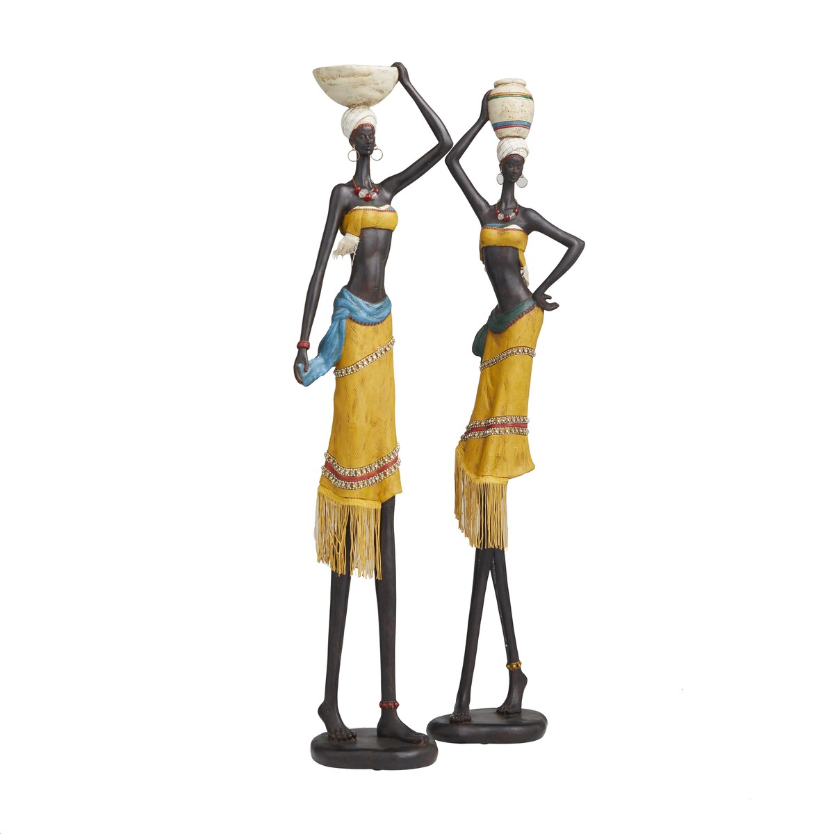 PolystoneHandmade African Woman Decorative Sculpture with Water Jugs and Jeweled Details - Set of 2 Yellow - Roche River Decor