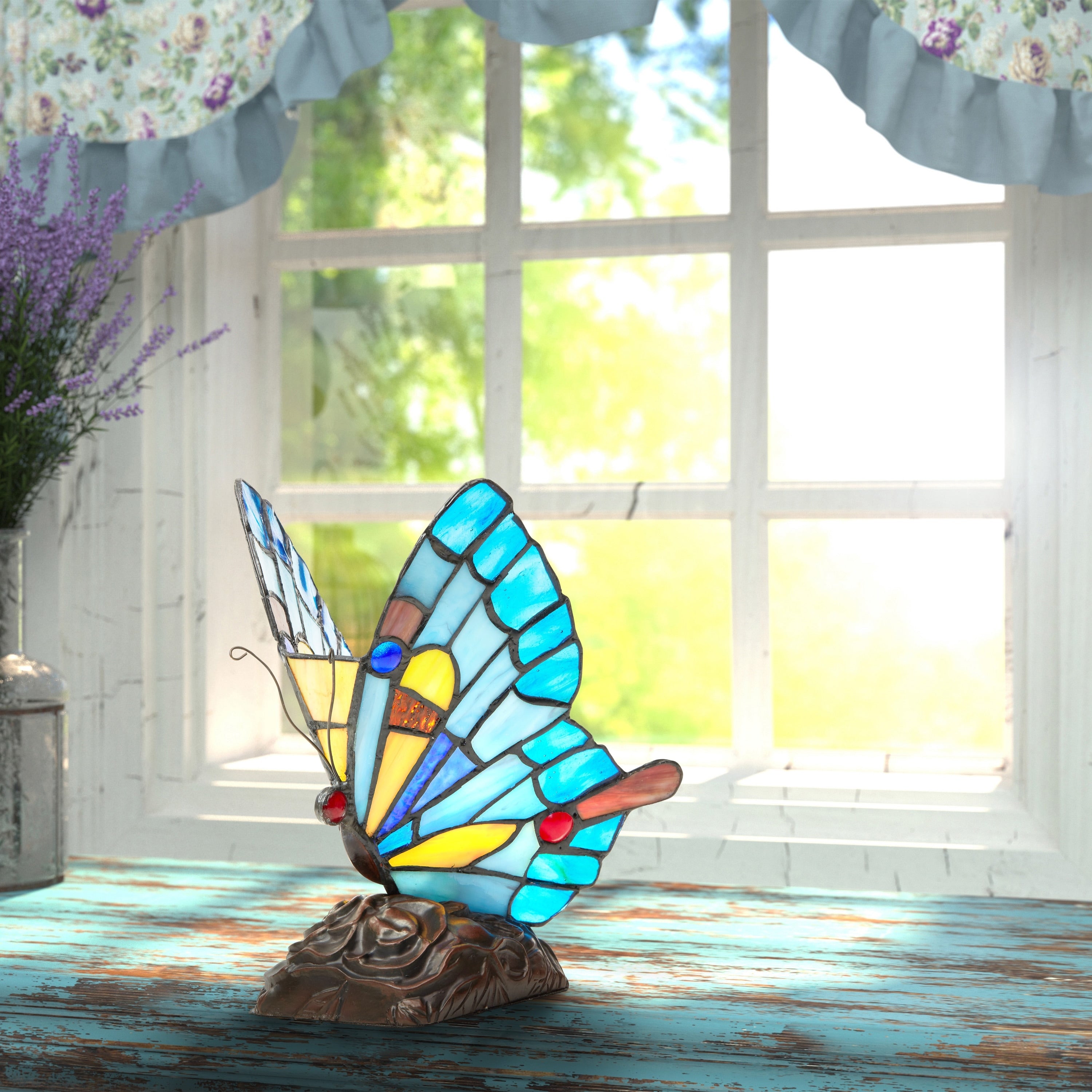 River of Goods Stained Glass 9.5-inch Tiffany Style Flying Butterfly Accent Lamp