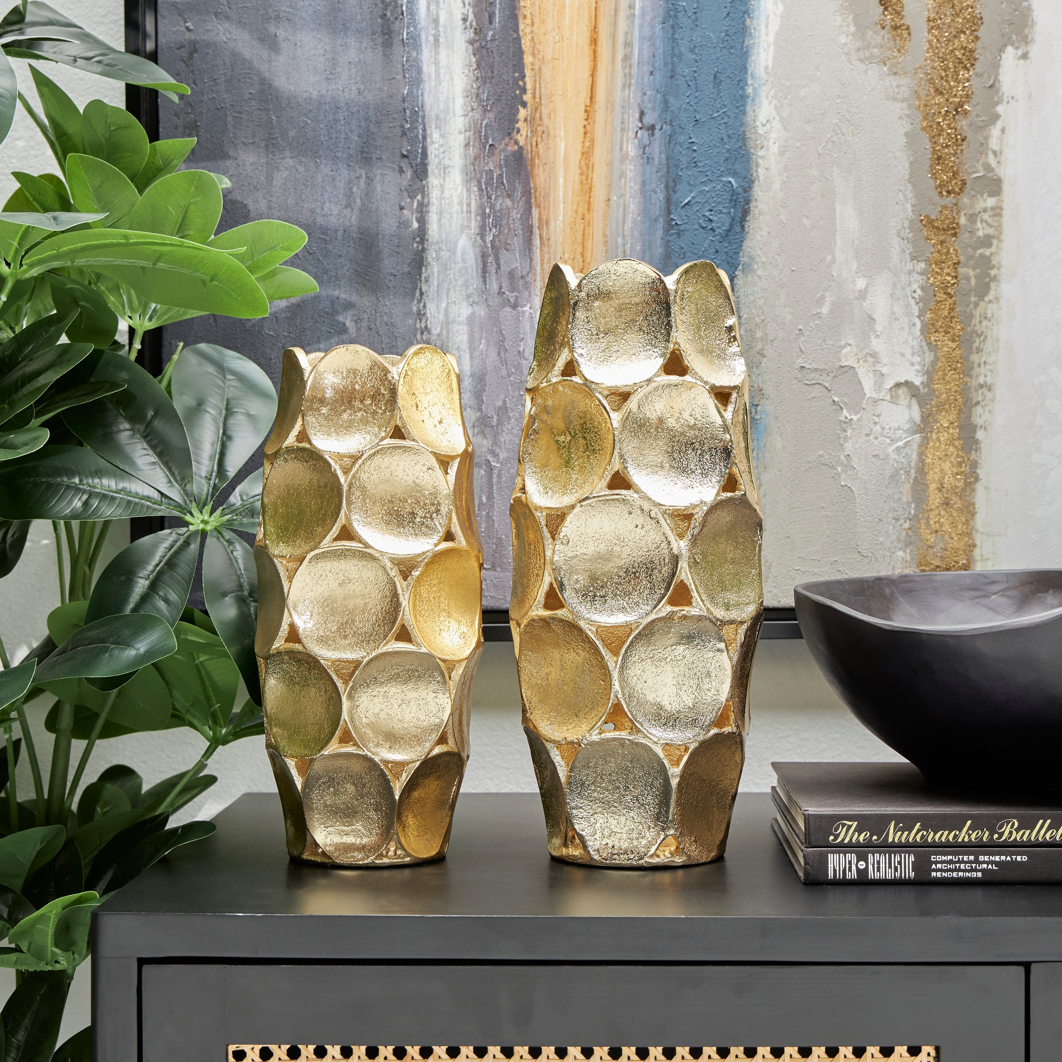 Silver or Gold Aluminum Metal Geometric Open Framed Vase with Circular Plates (Set of 2)