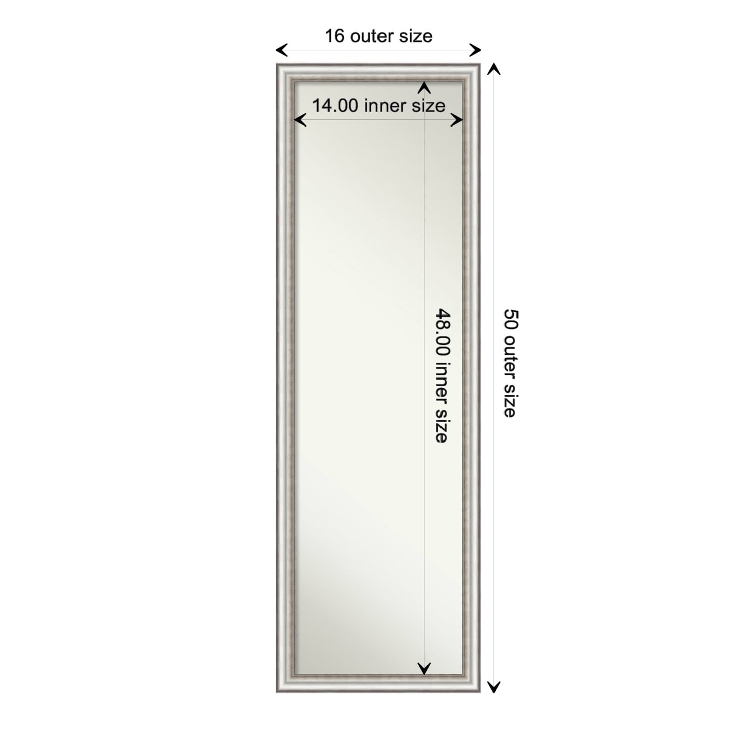 Non-Beveled Full Length On The Door Mirror 50.5 x 16.5 in. - Salon Frame - Salon Silver Narrow - 16 x 50 in