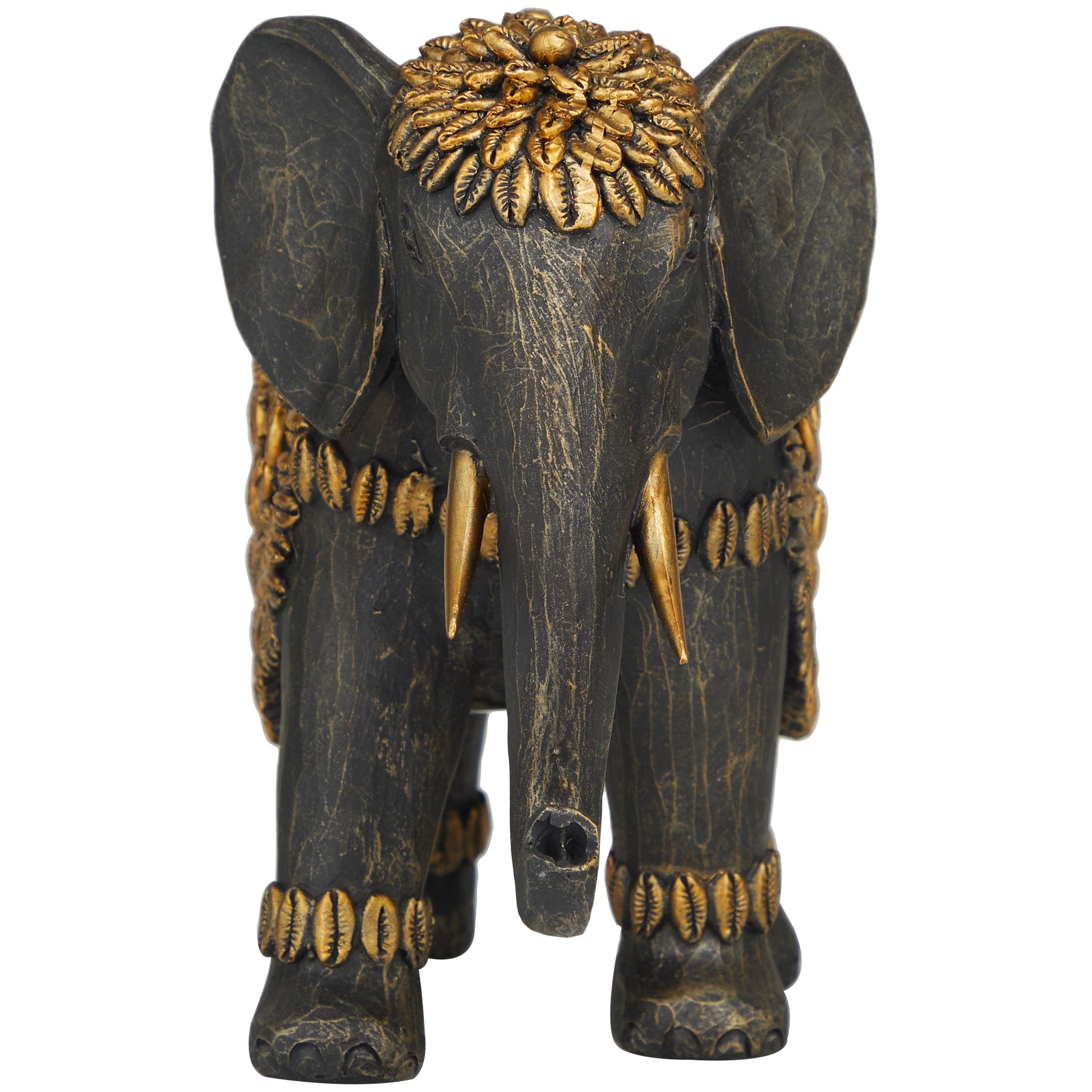 Black Polystone Elephant Sculpture with Cowrie Shell Carvings