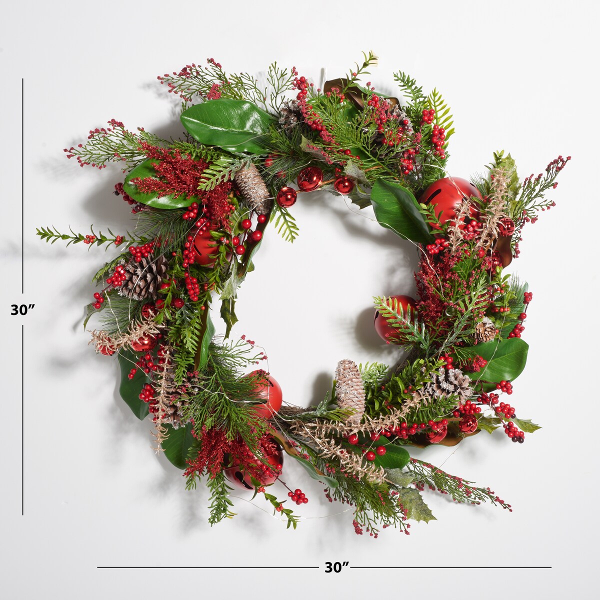 SAFAVIEH Joni Faux 30 Inch Myrtle Led Wreath with Red Bells - Green/Red - 30 W x 30 D x 9 H - 30Wx30Dx9H