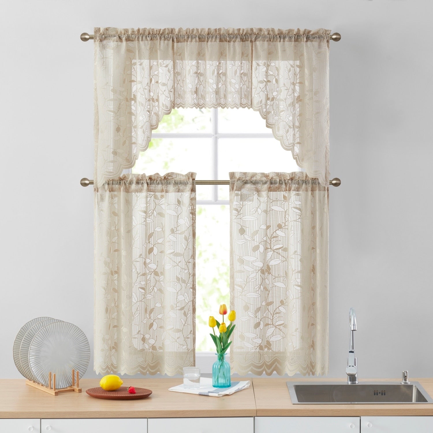 HLC.me Joyce Lace Sheer Kitchen Cafe Curtain Tiers for Small Windows, Kitchen & Bathroom