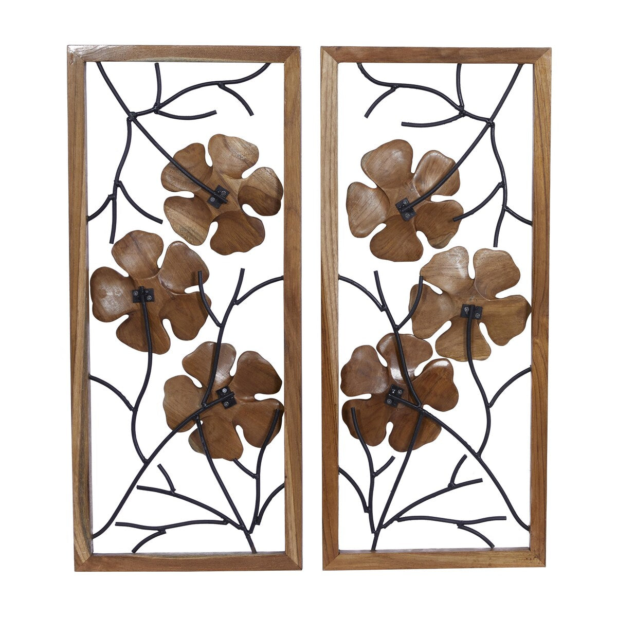 Teak Wood Floral Handmade Framed Carved Home Wall Decor with Metal Wire - Set of 2 Brown - Roche River Decor