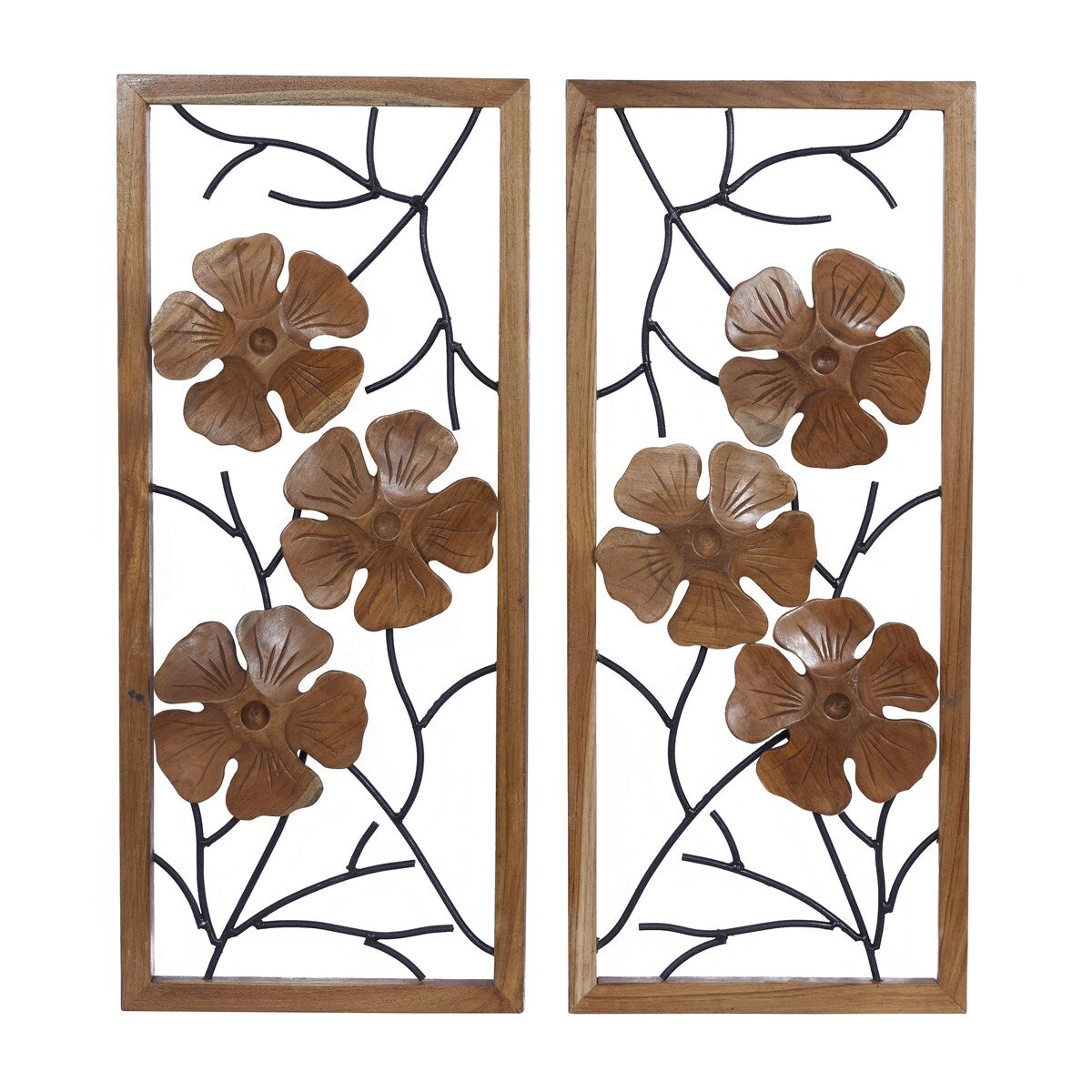 Teak Wood Floral Handmade Framed Carved Home Wall Decor with Metal Wire - Set of 2 Brown - Roche River Decor