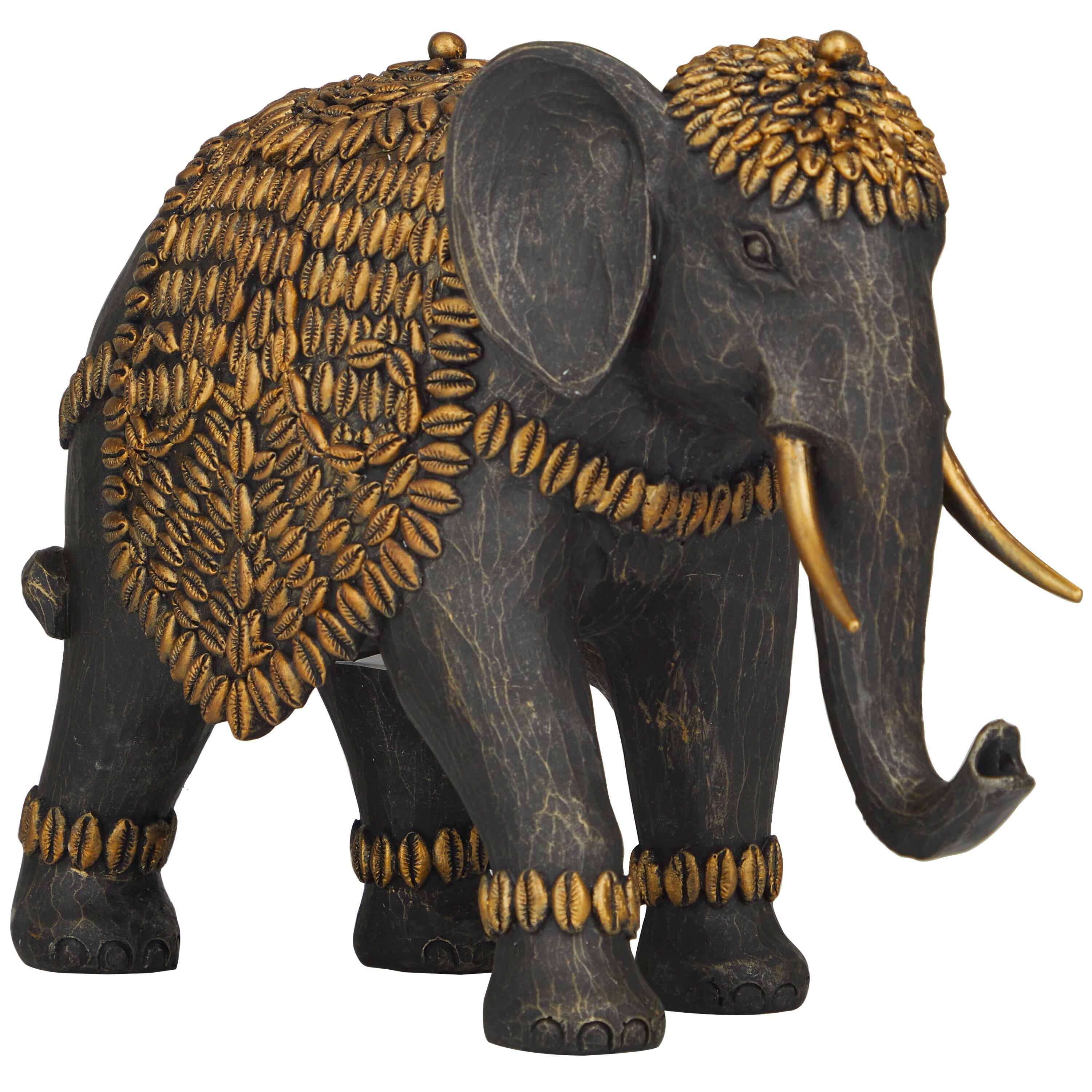 Black Polystone Elephant Sculpture with Cowrie Shell Carvings