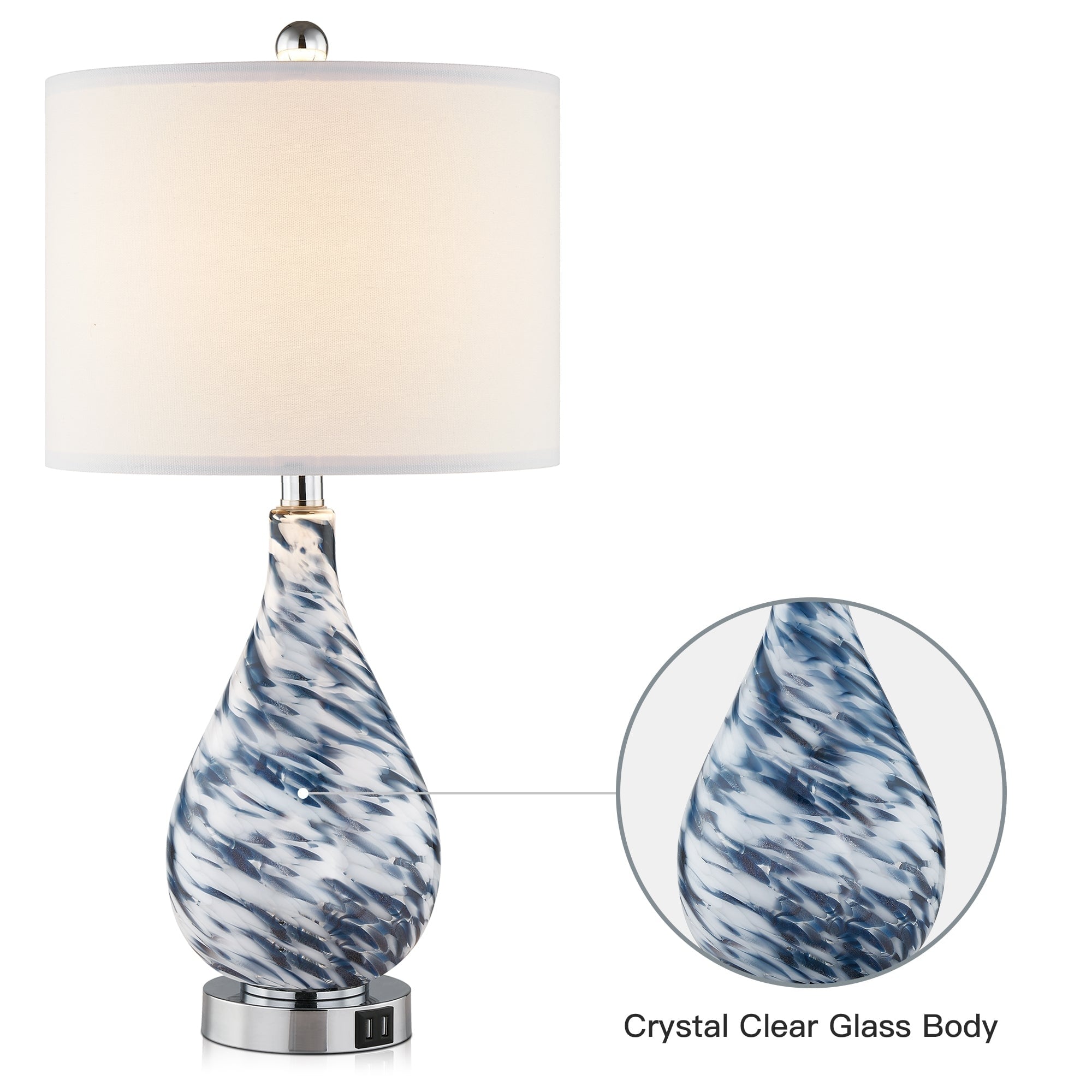 Cinkeda Table Lamp Blue Glass Touch Dimming USB Ports - 12'' x 12'' x 24'' (L x W x H)