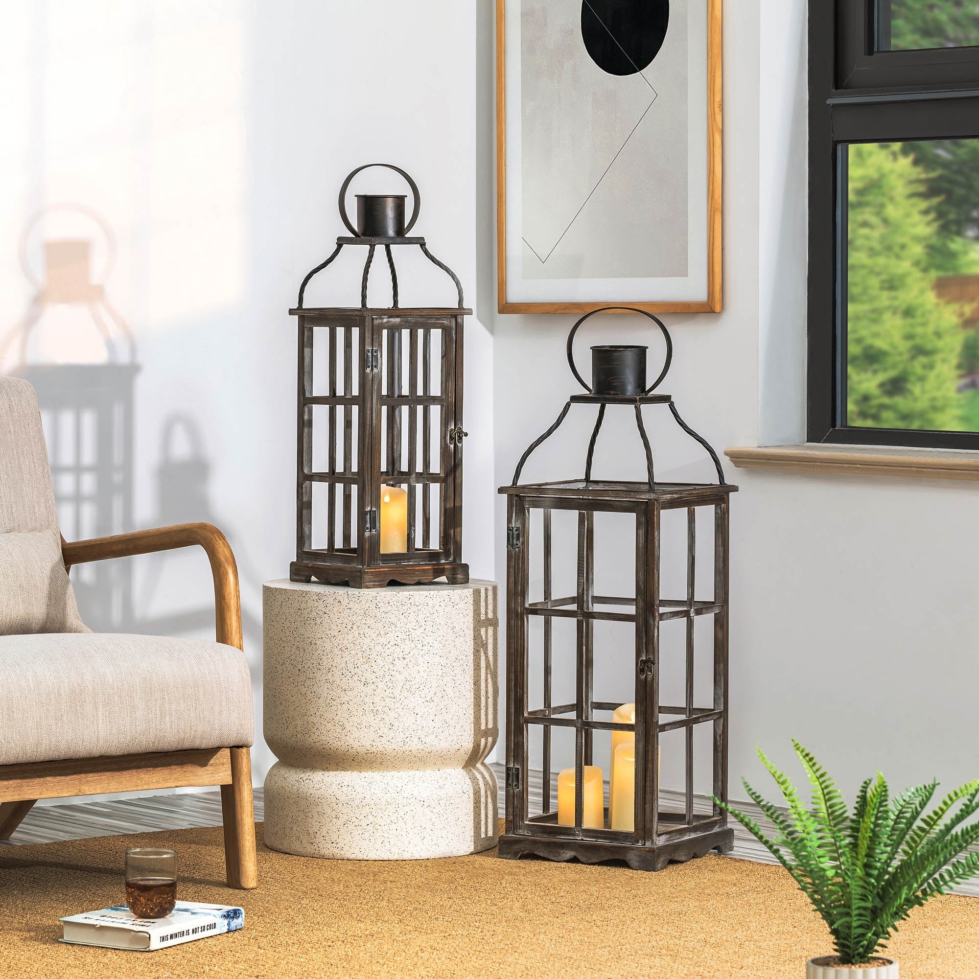 Glitzhome Oversized Farmhouse Wooden Metal Cage Candle Holders Patio Hanging Decorative Lanterns (Set of 2)