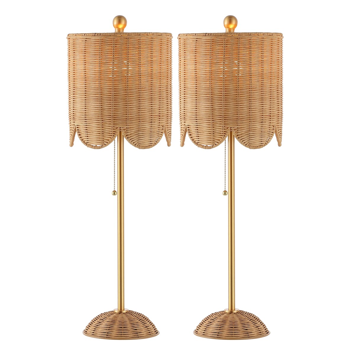 Aksel 27.5 Coastal Rattan/Iron Scalloped Buffet LED Table Lamp with Pull Chain, Natural/Brass Gold (Set of 2) by JONATHAN Y