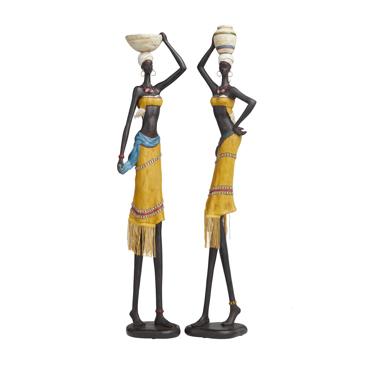 PolystoneHandmade African Woman Decorative Sculpture with Water Jugs and Jeweled Details - Set of 2 Yellow - Roche River Decor