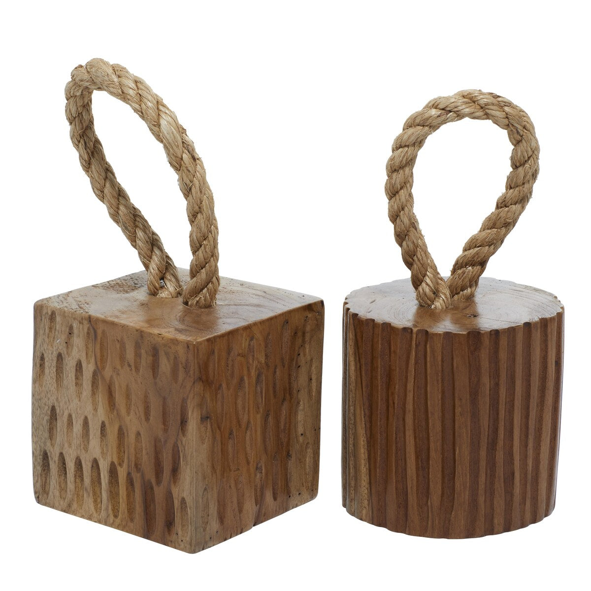 Teak Wood Geometric Handmade Door Stopper Decorative Sculpture with Rope Accent - Set of 2 Brown - Roche River Decor