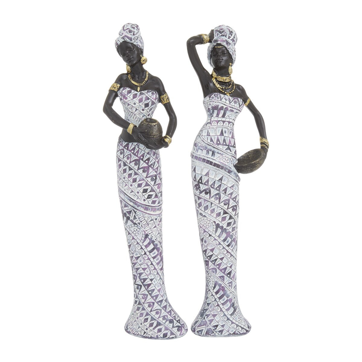 Polystone Woman Standing African Decorative Sculpture with Intricate Details - Set of 2 Multi Colored - Roche River Decor