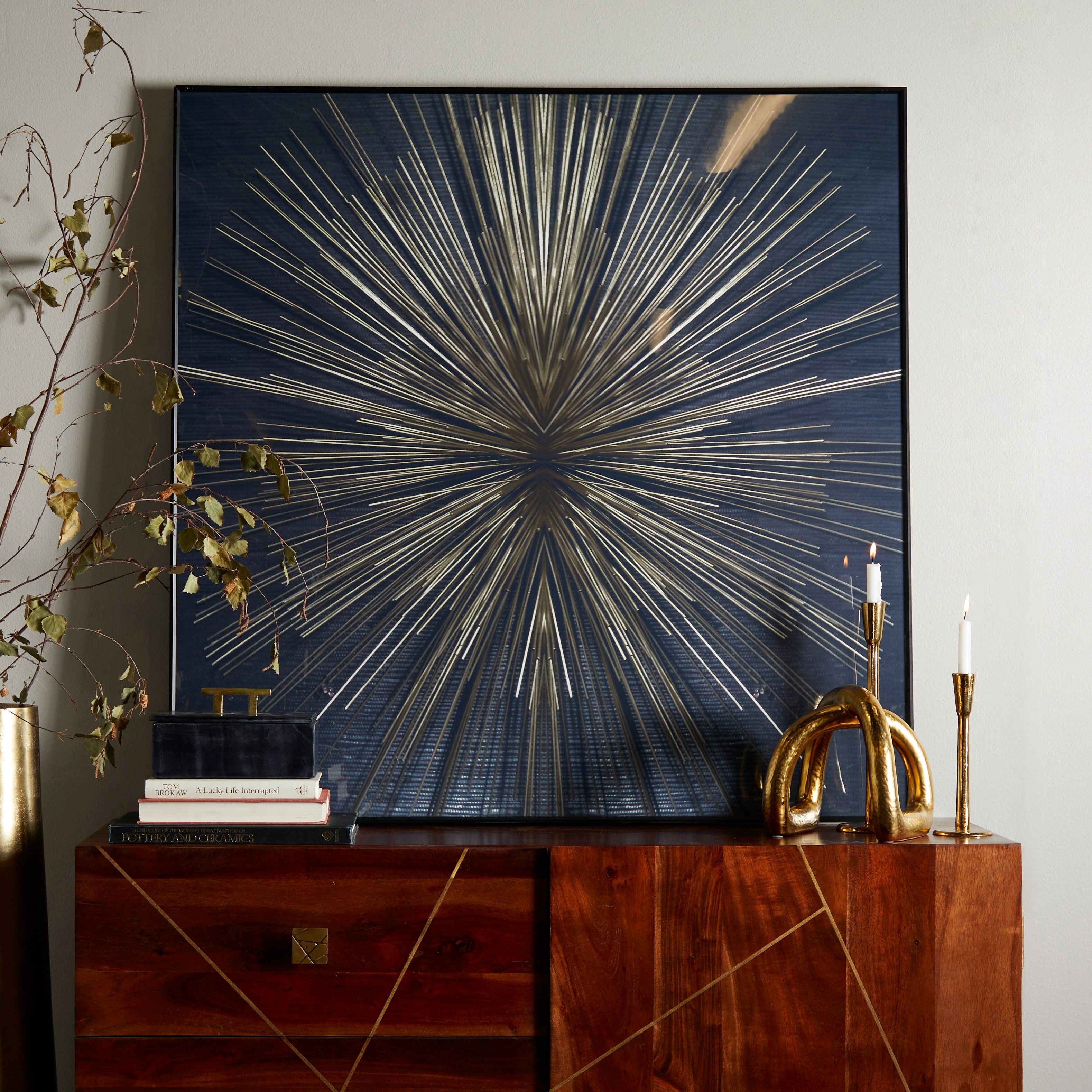 CosmoLiving by Cosmopolitan Porcelain Ceramic Radial Starburst Framed Wall Art with Gold Aluminum Frame - Gold or Dark Blue